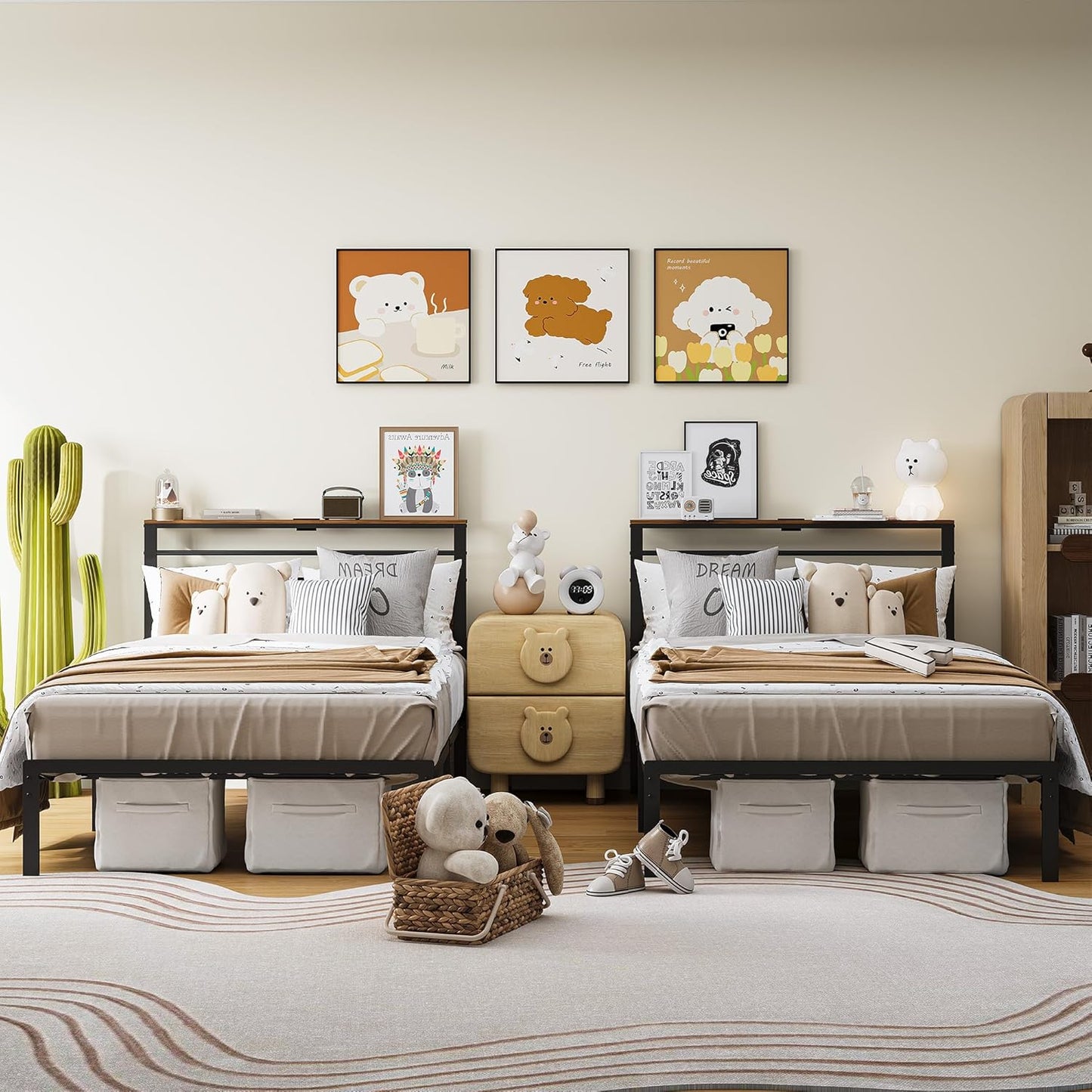 Royalcraft Bed Frame with Charging Station, Platform Bed with Metal Slats, Upholstered Headboard with Storage Shelves, No Box Spring Needed