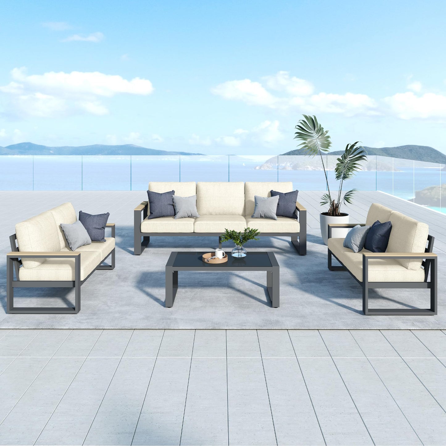 Heynemo Aluminum Patio Furniture Set, 7-Seats Metal Outdoor Furniture Set with Coffee Table, Modern Patio Sofa Sets Outdoor Conversation Set for Garden Pool Porch Backyard, Beige