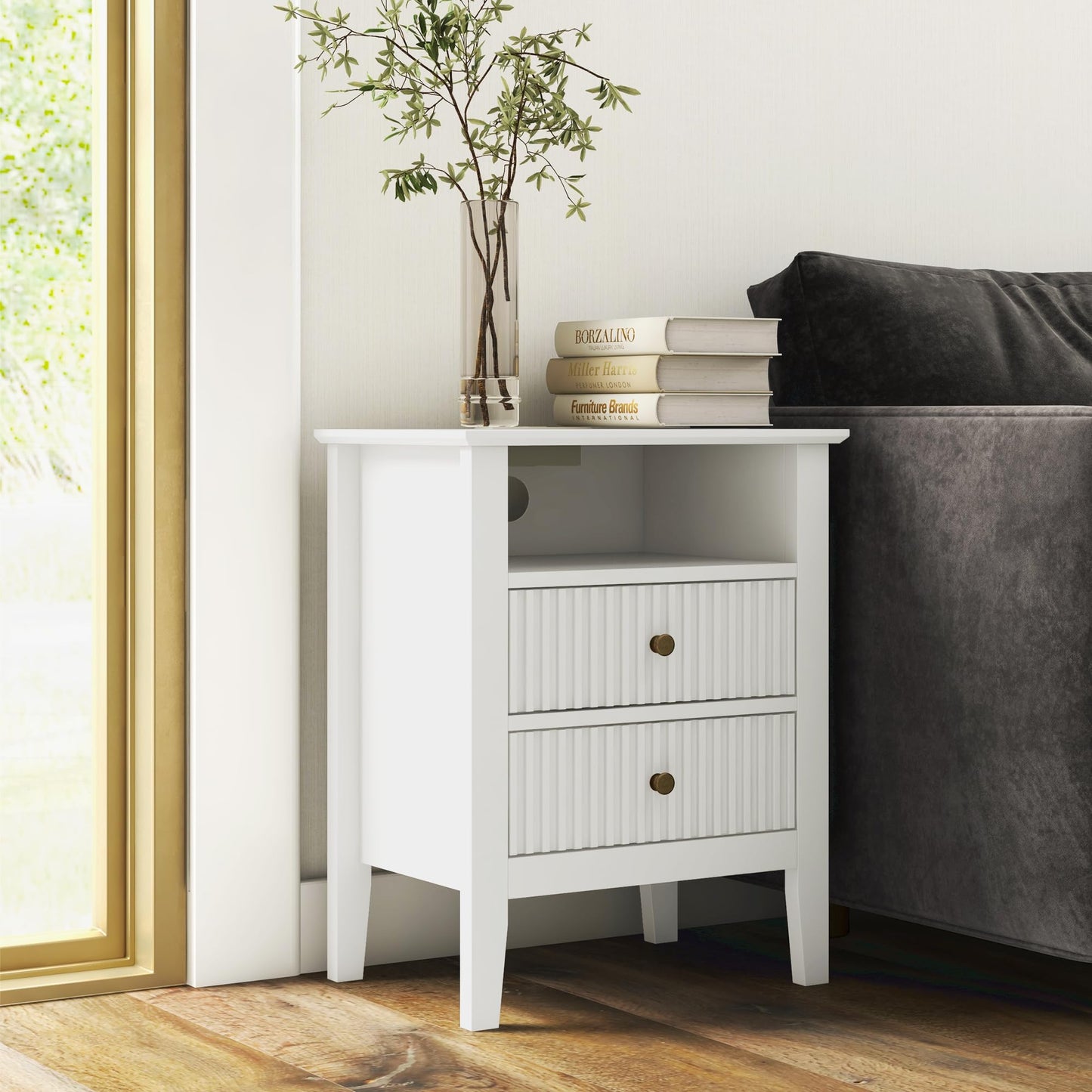 May in Color Fluted Nightstand with 2 Drawers, Modern Wooden Sofa Table with Storage for Small Spaces, Tall End Table for Bedroom