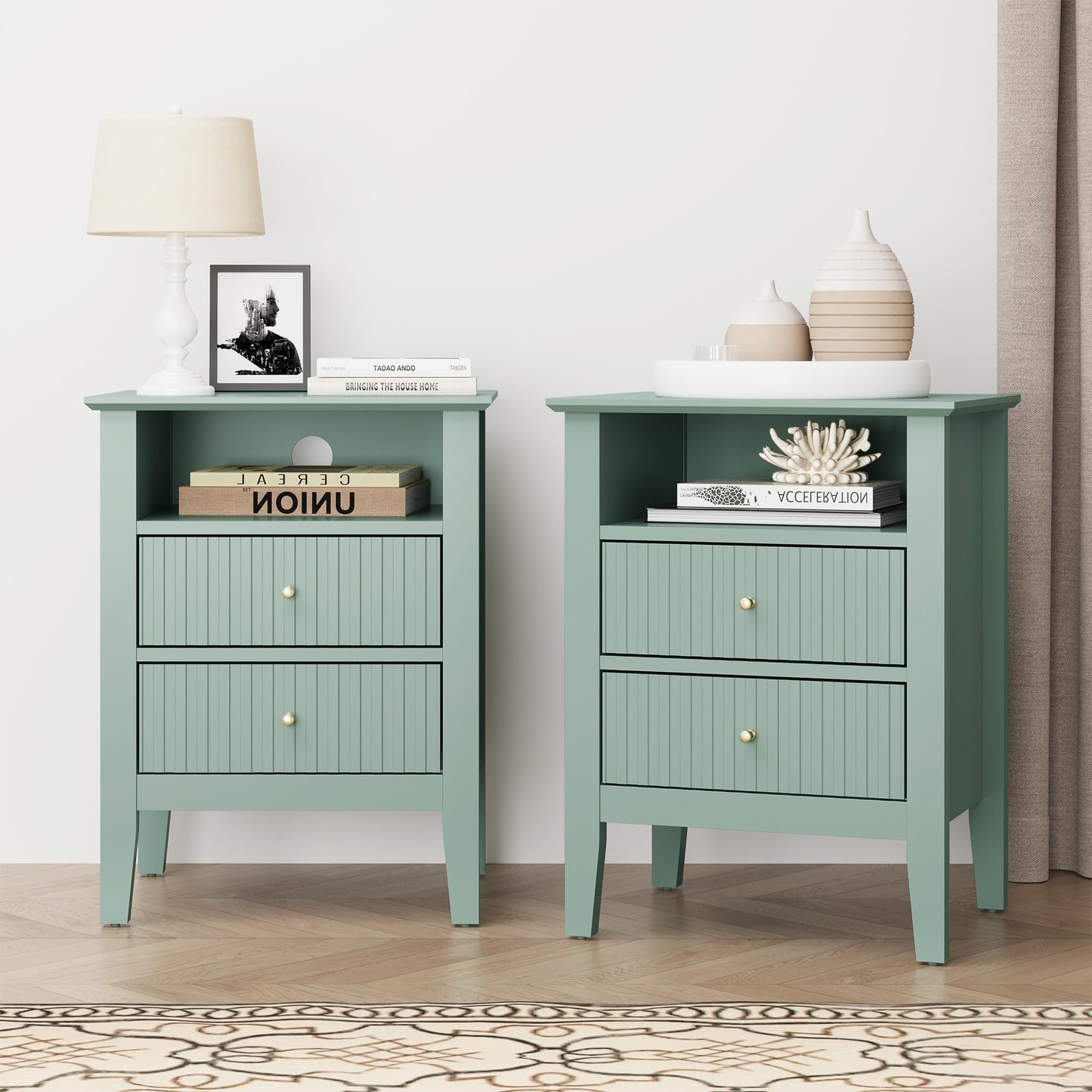 May in Color Fluted Nightstand with 2 Drawers, Modern Wooden Sofa Table with Storage for Small Spaces, Tall End Table for Bedroom