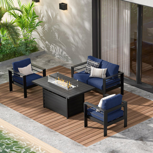 May in Color Aluminum Outdoor Patio Furniture Set, 4 Pieces Modern Patio Sectional Sofa Conversation Set, Outdoor Seating Set with Fire Pit Table for Deck Garden Backyard, Beige
