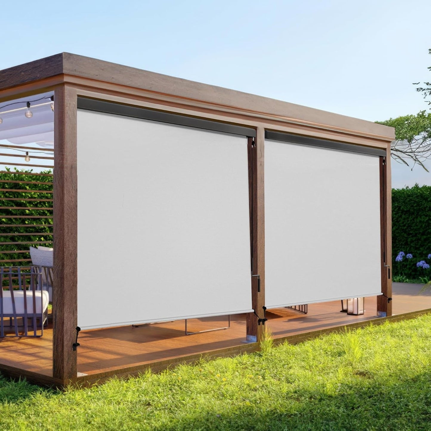 RoyalCraft Outdoor Roller Shades for Patio with Valance, Outdoor Blinds with 95% UV Blockout, Cordless Exterior Roller Shades with Crank Handle for Balcony Patio Porch, (4' W X 6' H), Grey