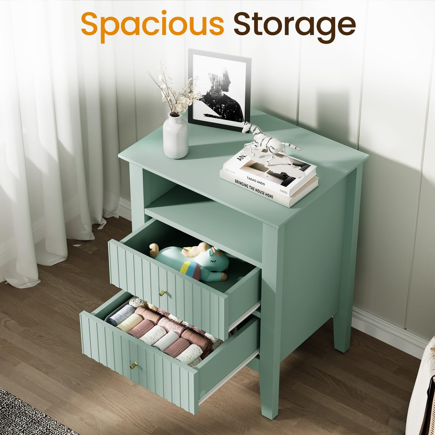 May in Color Fluted Nightstand with 2 Drawers, Modern Wooden Sofa Table with Storage for Small Spaces, Tall End Table for Bedroom