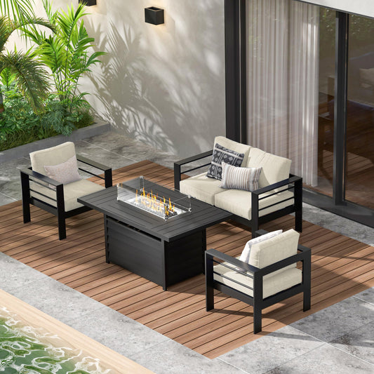 May in Color Aluminum Outdoor Patio Furniture Set, 5 Pieces Modern Patio Sectional Sofa Conversation Set, Outdoor Seating Set with Coffee Table for Deck Garden Backyard, Blue