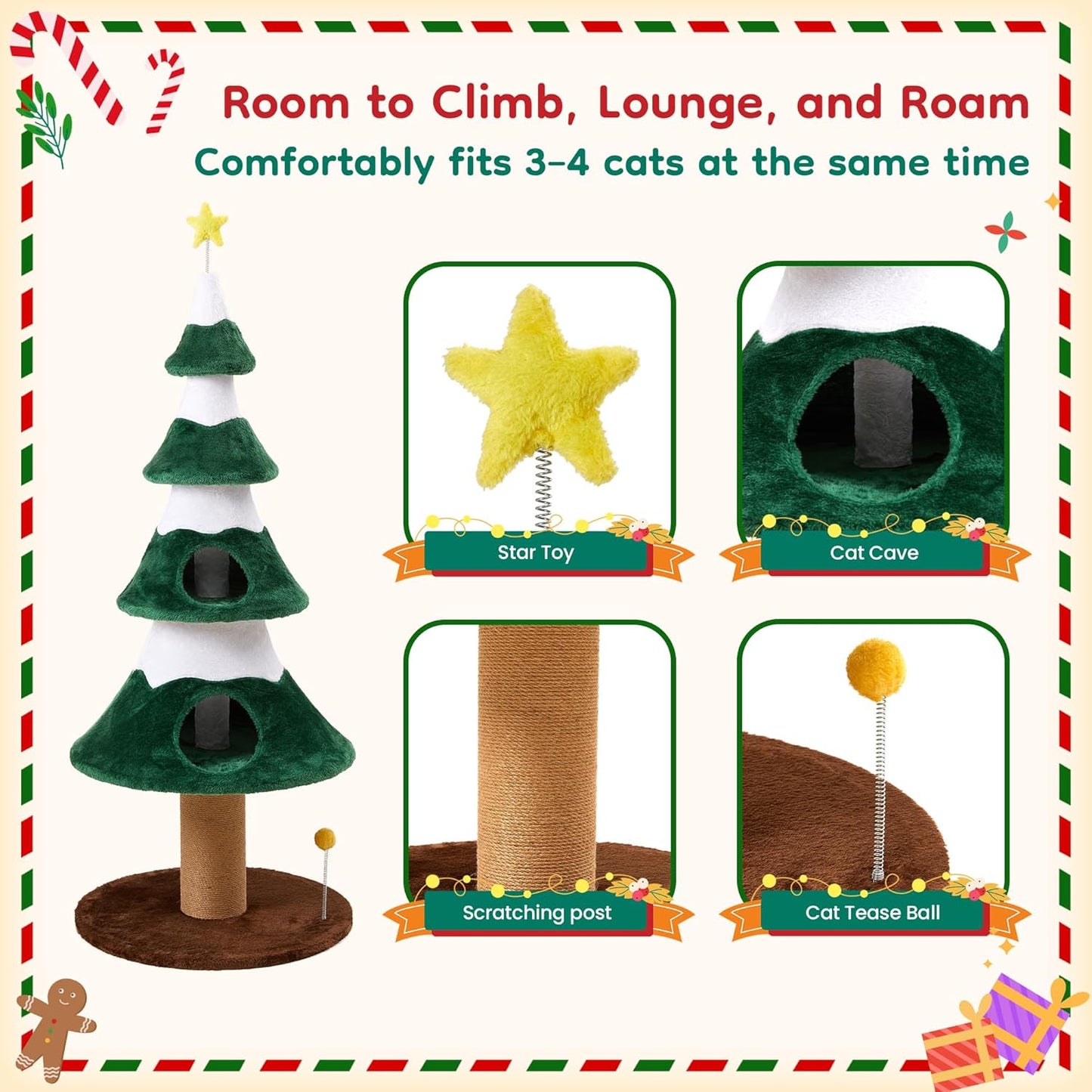 Keygarzone Christmas Tree Cat Tower for Indoor Cats, Multi-Level Wooden Cat Tree