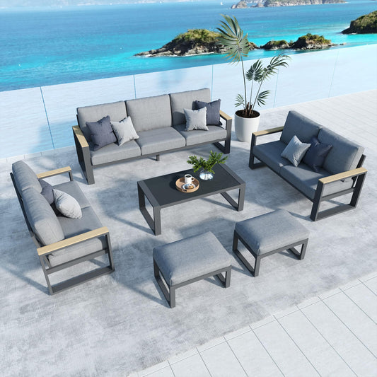 Aluminum Outdoor Patio Furniture Set with Height-adjustable Footrest for Lawn Porches Patio, 7 Piece All-weather Patio Sofa Sets with Coffee Table & Ottomans, Outdoor Patio Conversation set, Grey