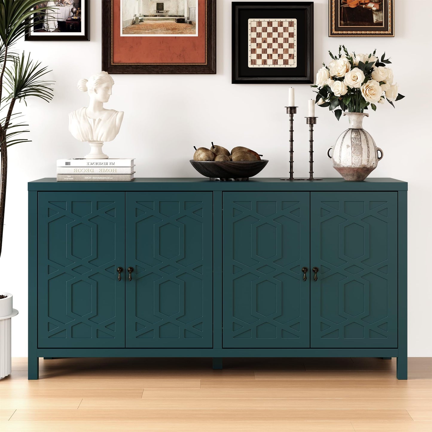 May in Color Sideboard Buffet, 58" Modern Buffet Cabinet with 4 Doors and Adjustable Shelves, for Entryway, Dining Room, Living Room, Bedroom, Turquoise