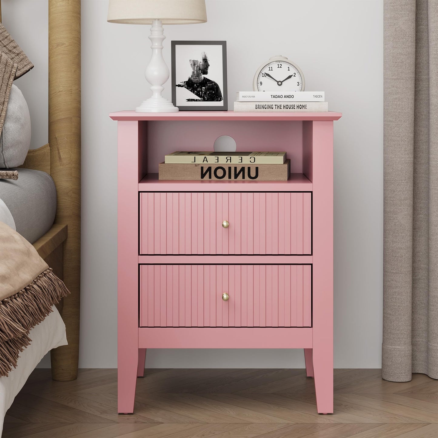 May in Color Fluted Nightstand with 2 Drawers, Modern Wooden Sofa Table with Storage for Small Spaces, Tall End Table for Bedroom