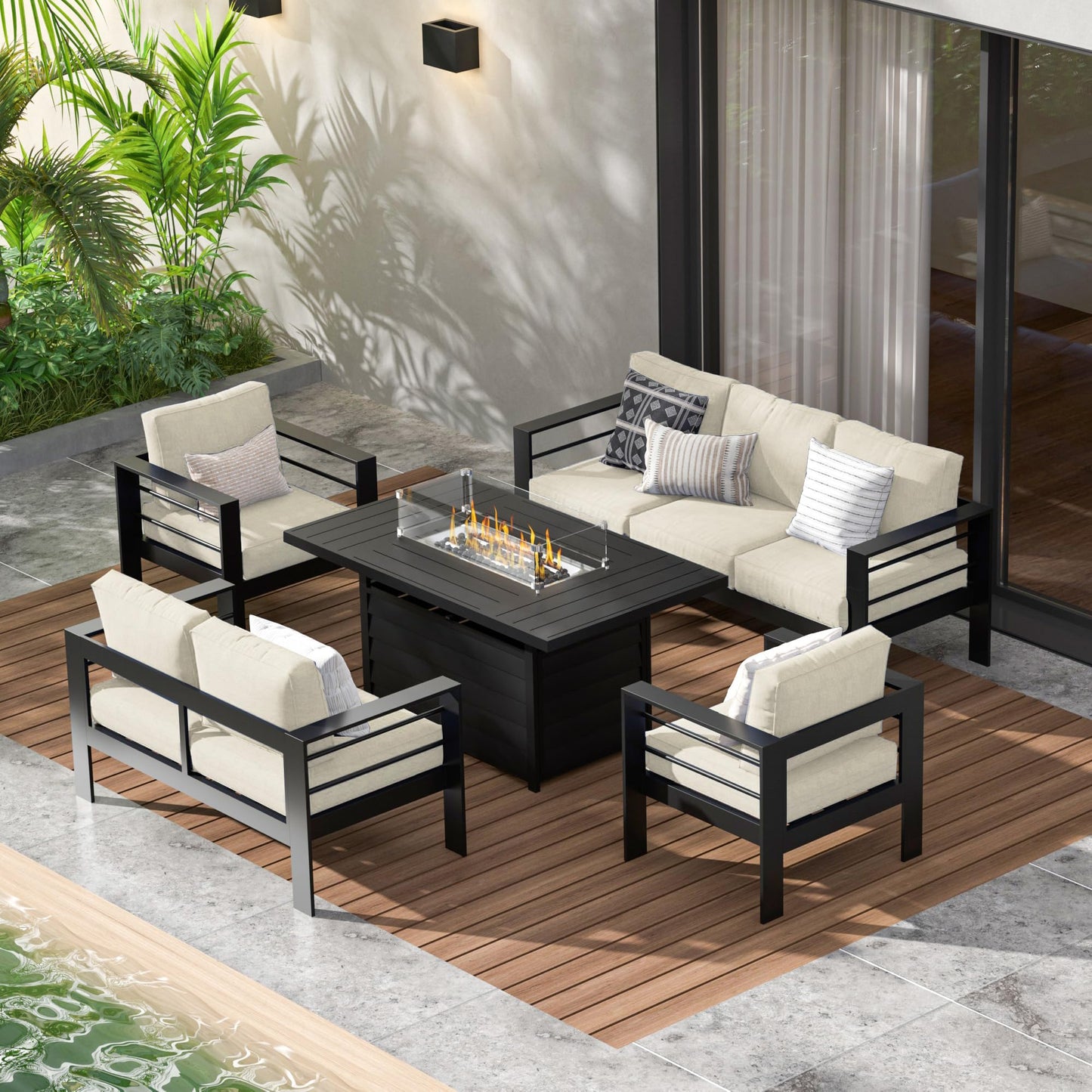 May in Color Aluminum Outdoor Patio Furniture Set, 7 Seats Modern Patio Sectional Sofa Conversation Set, Outdoor Seating Set with Fire Pit Table for Deck Garden Backyard, Beige