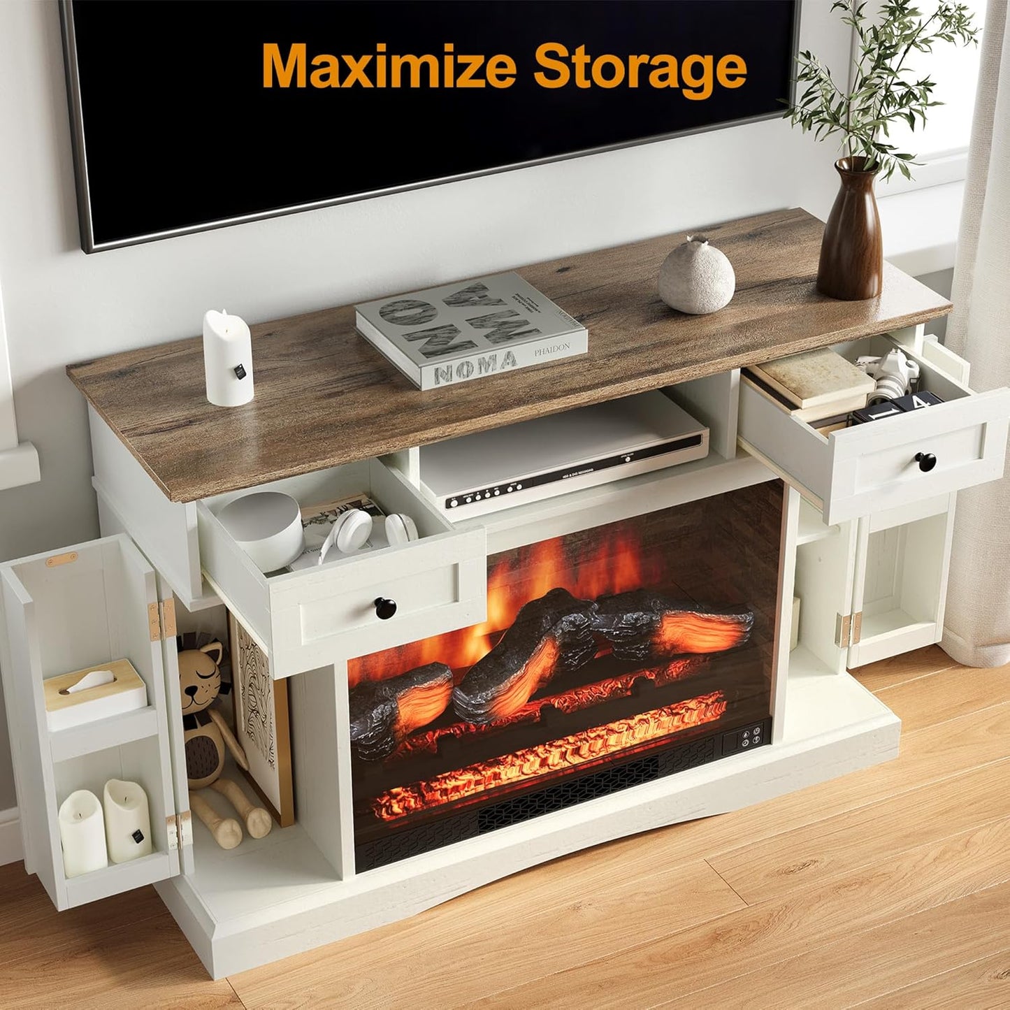 RoyalCraft TV Stand with 28'' Fireplace for TVs up to 55'', Media Console Table with Adjustable Shelves, Double-door Design, Entertainment Center for Living Room, Bedroom