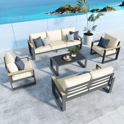 Heynemo Aluminum Patio Furniture, 7-Seats Metal Outdoor Furniture Set with Coffee Table, Modern Patio Sofa Sets Outdoor Conversation Set for Pool Garden Porch Backyard, Beige