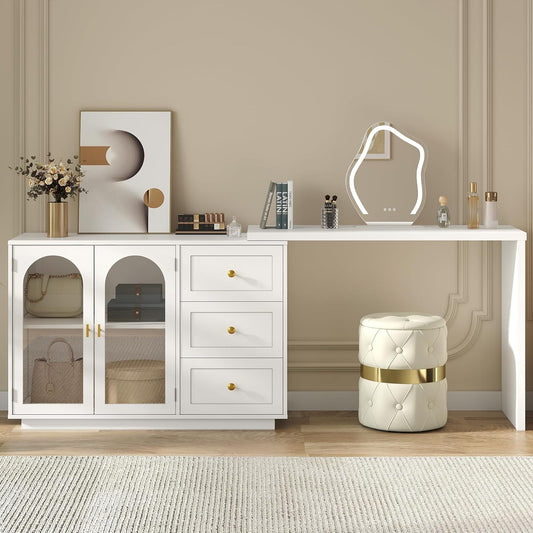 RoyalCraft 83?¡À Large Extendable Makeup Vanity Desk, Corner Vanity Table with 3 Drawer & 2 Door, Modern Dressing Table and Chest of Drawers Combo, Accent Vanity for Bedroom, Dressing Room