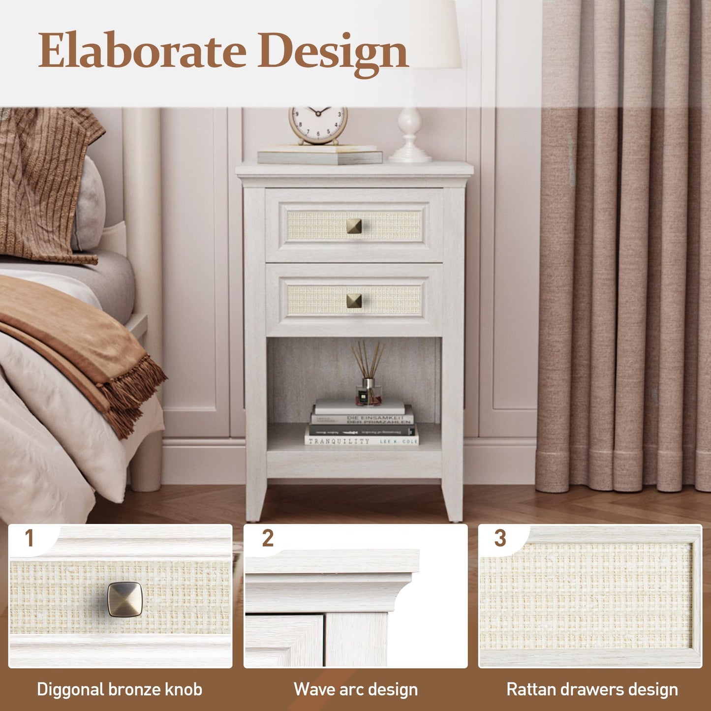 May in Color Boho Rattan Wood Accent Nightstand with Drawer, 27" Tall End Table with Storage Shelf, Grayish White Bedside Table, Chairside Couch Coffee Table