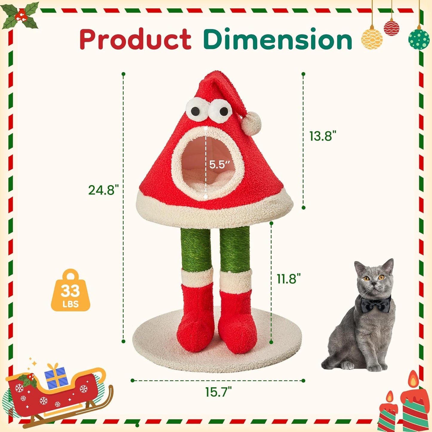 Keygarzone Christmas Cat Tree Tower for Indoor Cats, Santa Hat Design