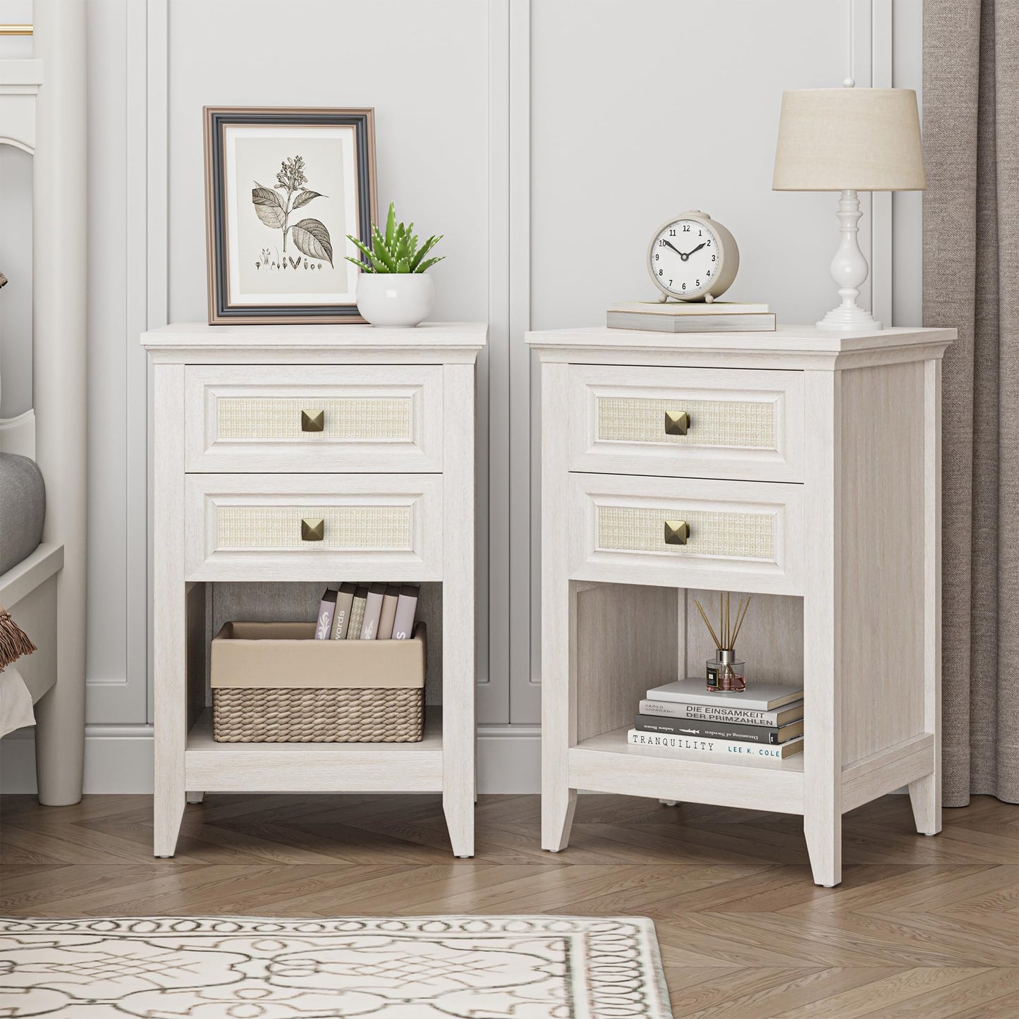 May in Color Boho Rattan Wood Accent Nightstand with Drawer, 27" Tall End Table with Storage Shelf, Grayish White Bedside Table, Chairside Couch Coffee Table
