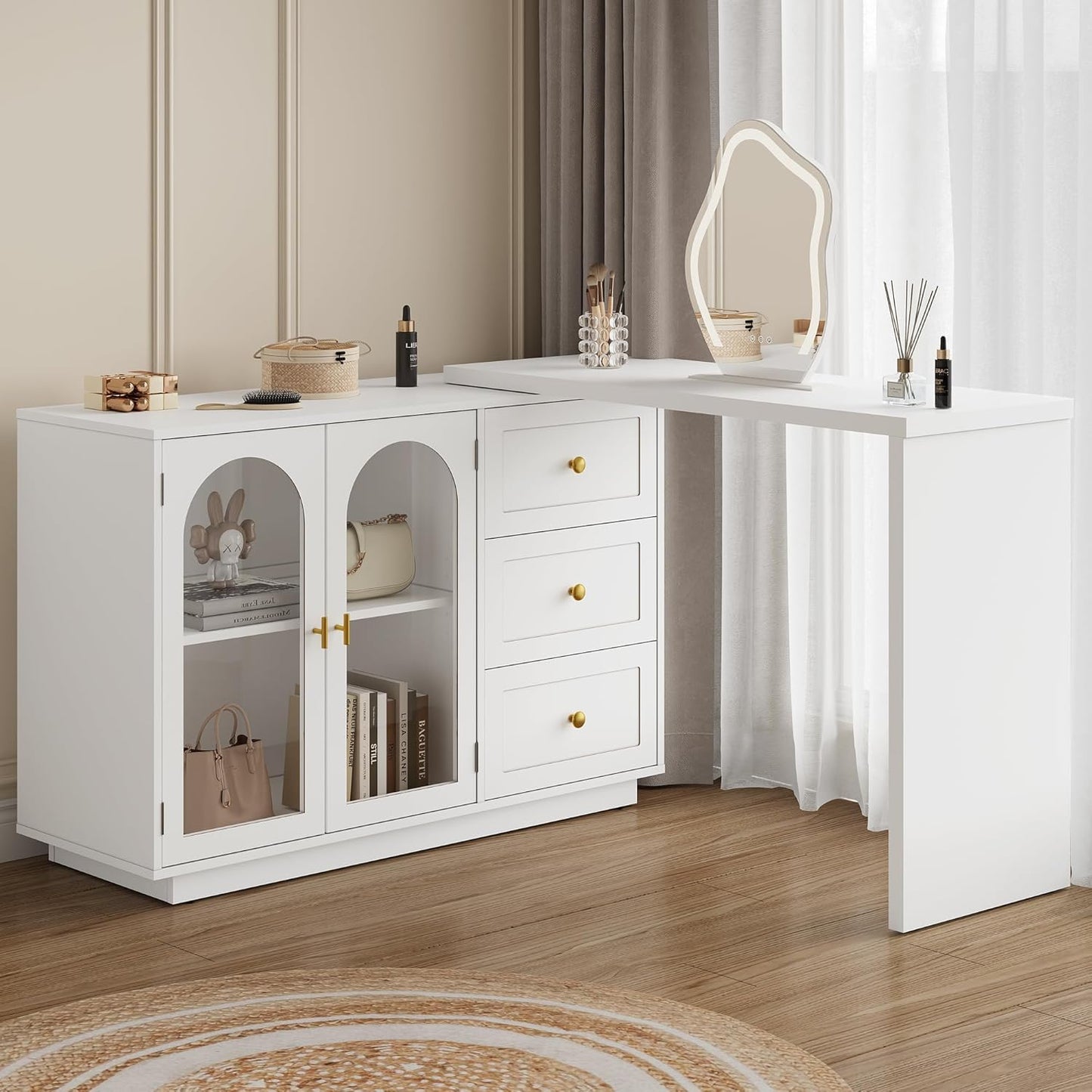 RoyalCraft 83?¡À Large Extendable Makeup Vanity Desk, Corner Vanity Table with 3 Drawer & 2 Door, Modern Dressing Table and Chest of Drawers Combo, Accent Vanity for Bedroom, Dressing Room