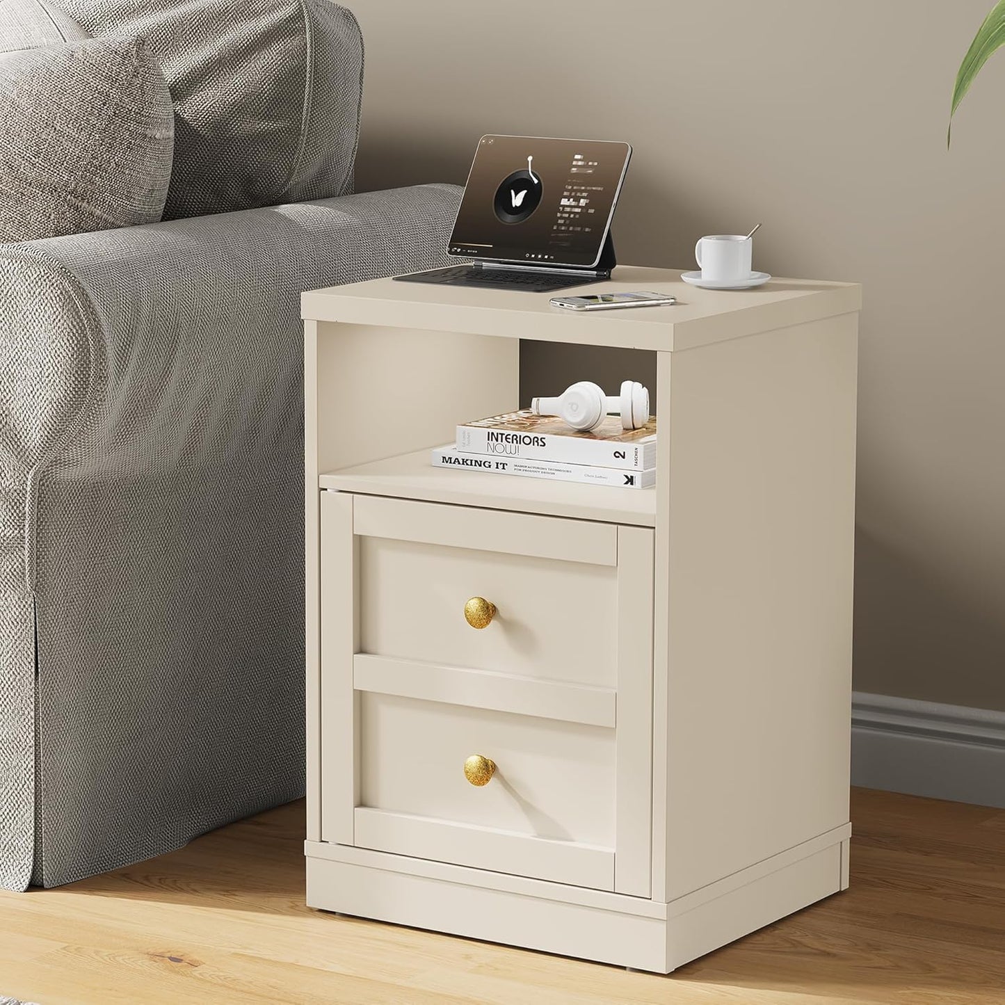Royalcraft Nightstand Set of 2, End Table with Storage Shelf and Door, Faux two-drawer Design Side Table , Modern Night Stand for Bedroom Dorm, Wood Beside Table for Living Room Small Spaces