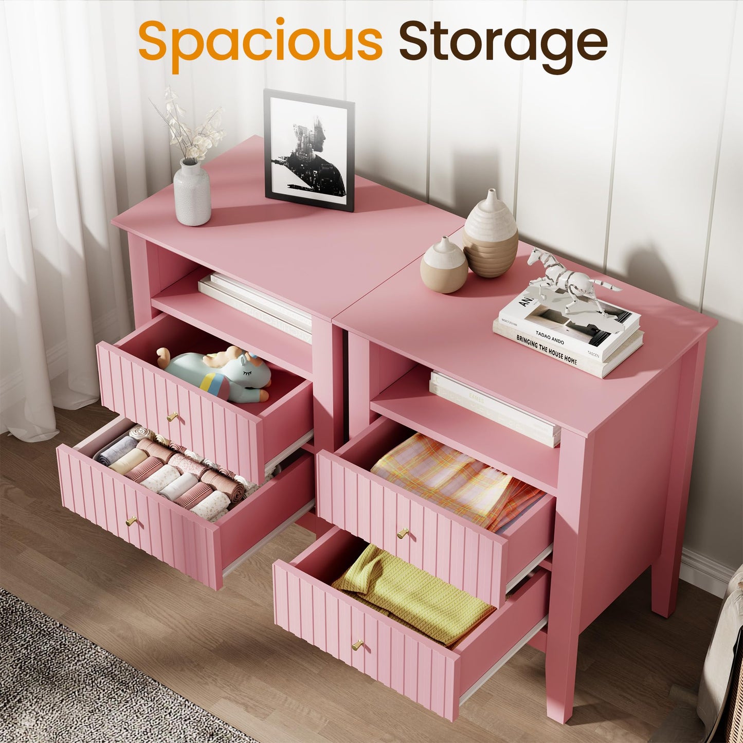 May in Color Fluted Nightstand with 2 Drawers, Modern Wooden Sofa Table with Storage for Small Spaces, Tall End Table for Bedroom