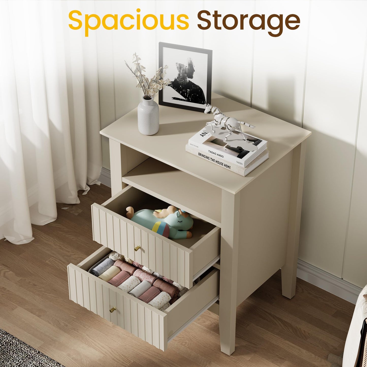 May in Color Fluted Nightstand with 2 Drawers, Modern Wooden Sofa Table with Storage for Small Spaces, Tall End Table for Bedroom