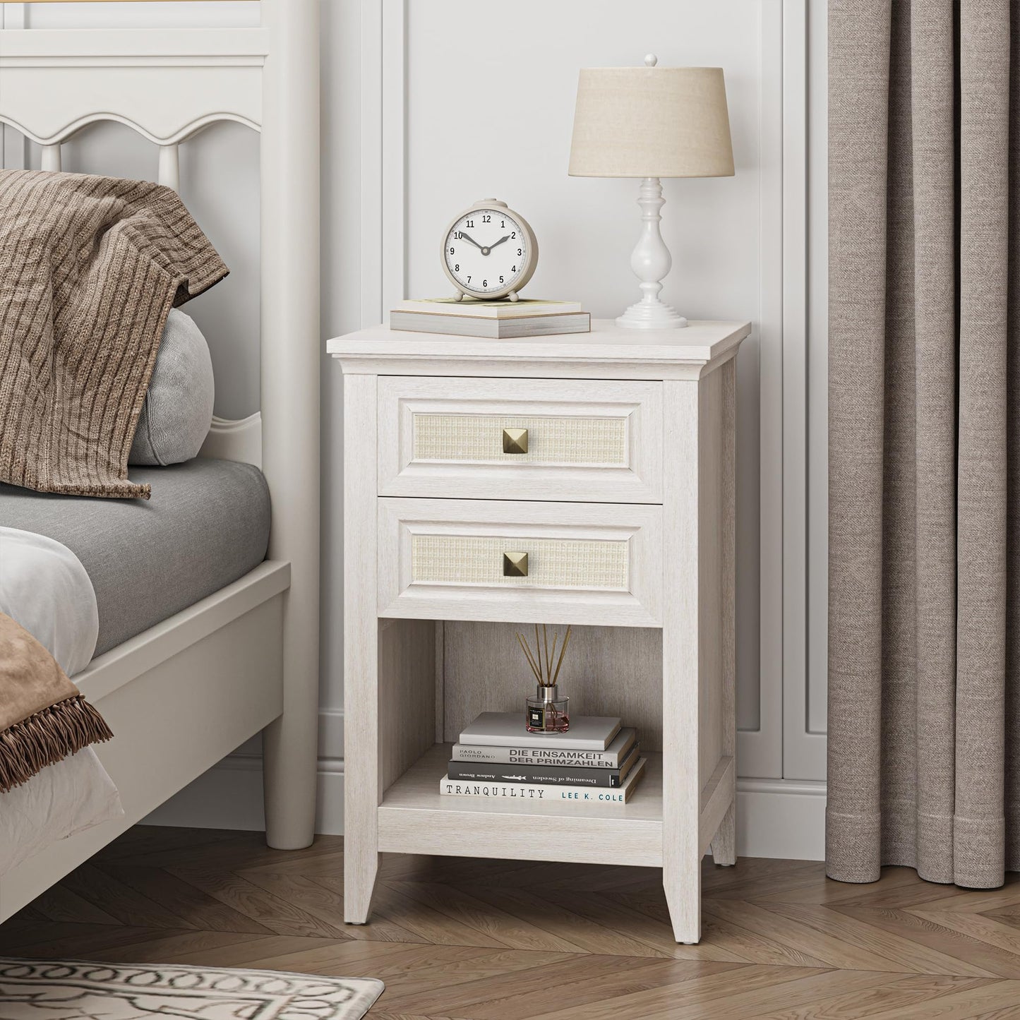 May in Color Boho Rattan Wood Accent Nightstand with Drawer, 27" Tall End Table with Storage Shelf, Grayish White Bedside Table, Chairside Couch Coffee Table