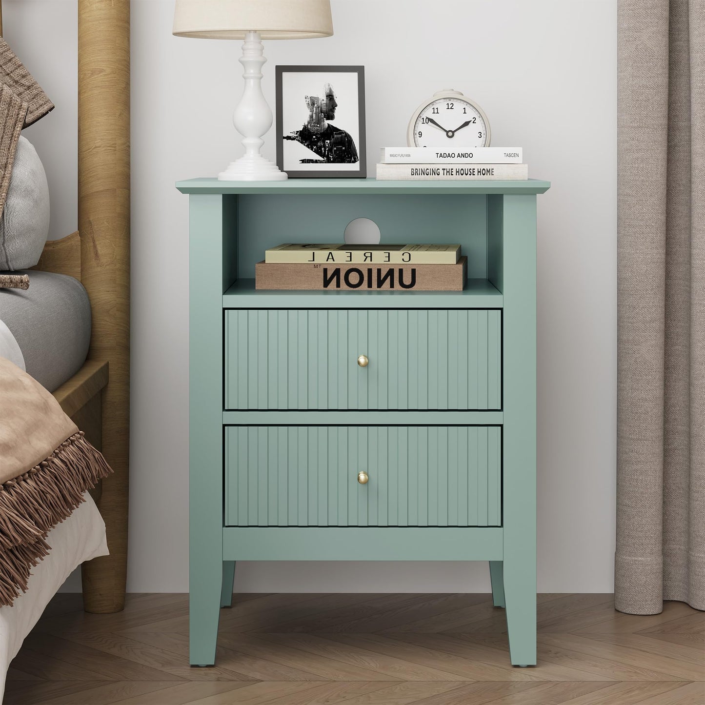 May in Color Fluted Nightstand with 2 Drawers, Modern Wooden Sofa Table with Storage for Small Spaces, Tall End Table for Bedroom
