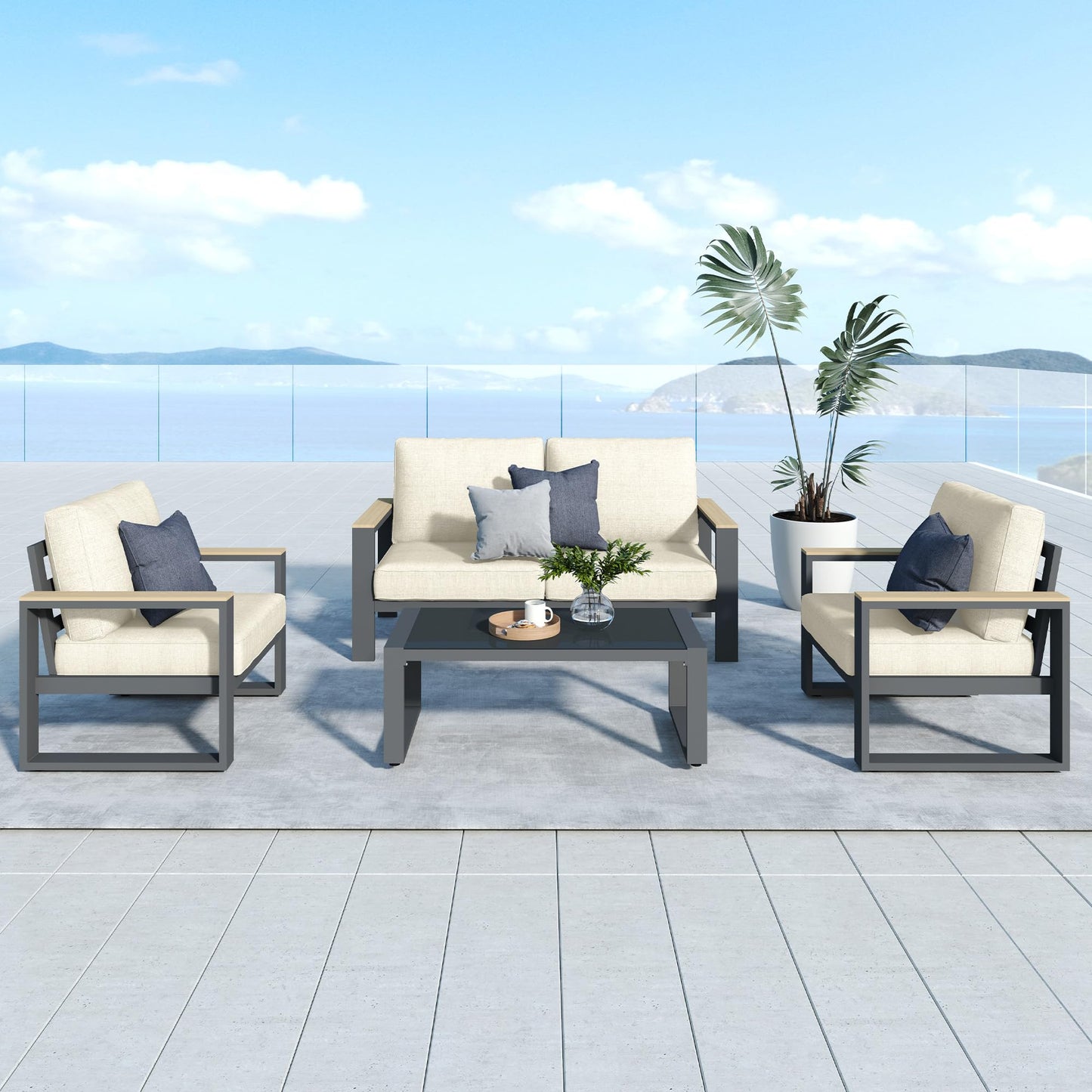 Heynemo Aluminum Patio Furniture, 4-Seats Metal Outdoor Furniture Set with Coffee Table, Modern Patio Sofa Sets Outdoor Conversation Set for Pool Garden Porch Backyard, Beige