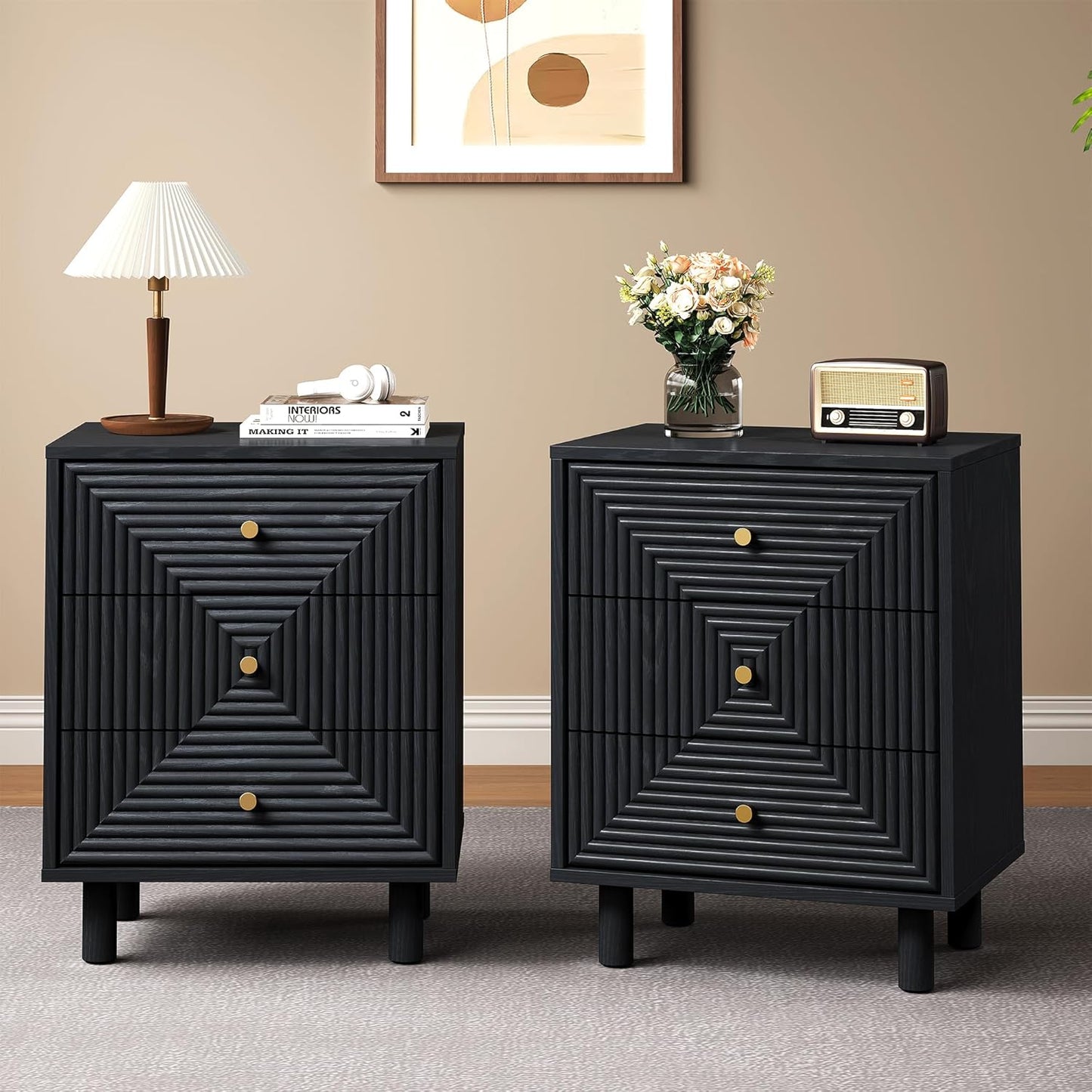 RoyalCraft 3 Drawer Nightstand, Small Dresser with Solid Wood Legs, Wooden Storage Night Stand Side Table, Modern Chest of Drawers Organizer for Bedroom, Living Room, Entryway
