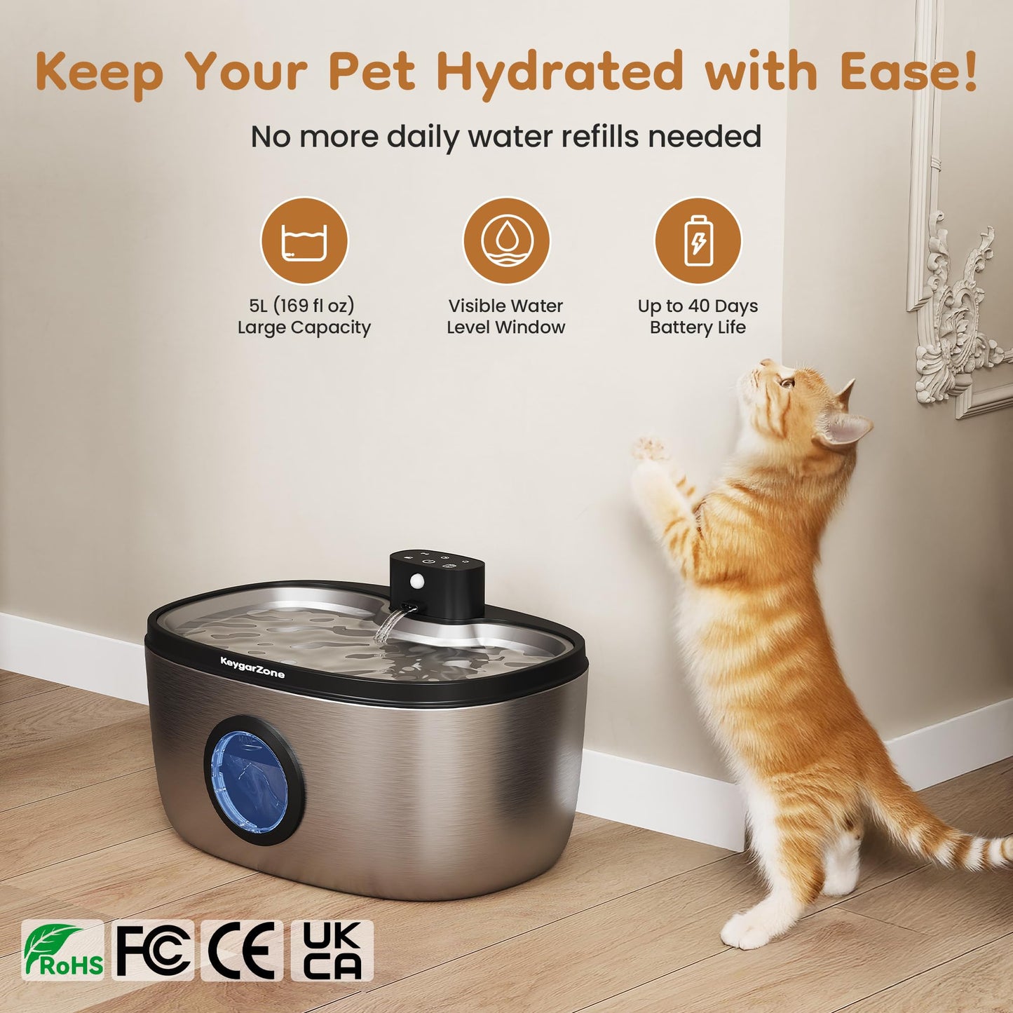 Keygarzone Wireless Cat Water Fountain, 5L