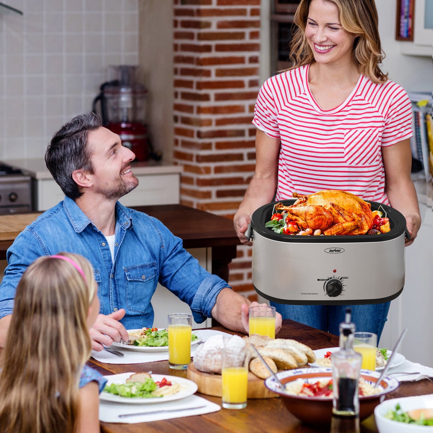 Sunvivi 24 Quart Electric Turkey Roaster Oven with Visible Glass Lid,Removable Pan & Rack, Stainless Steel, Silver