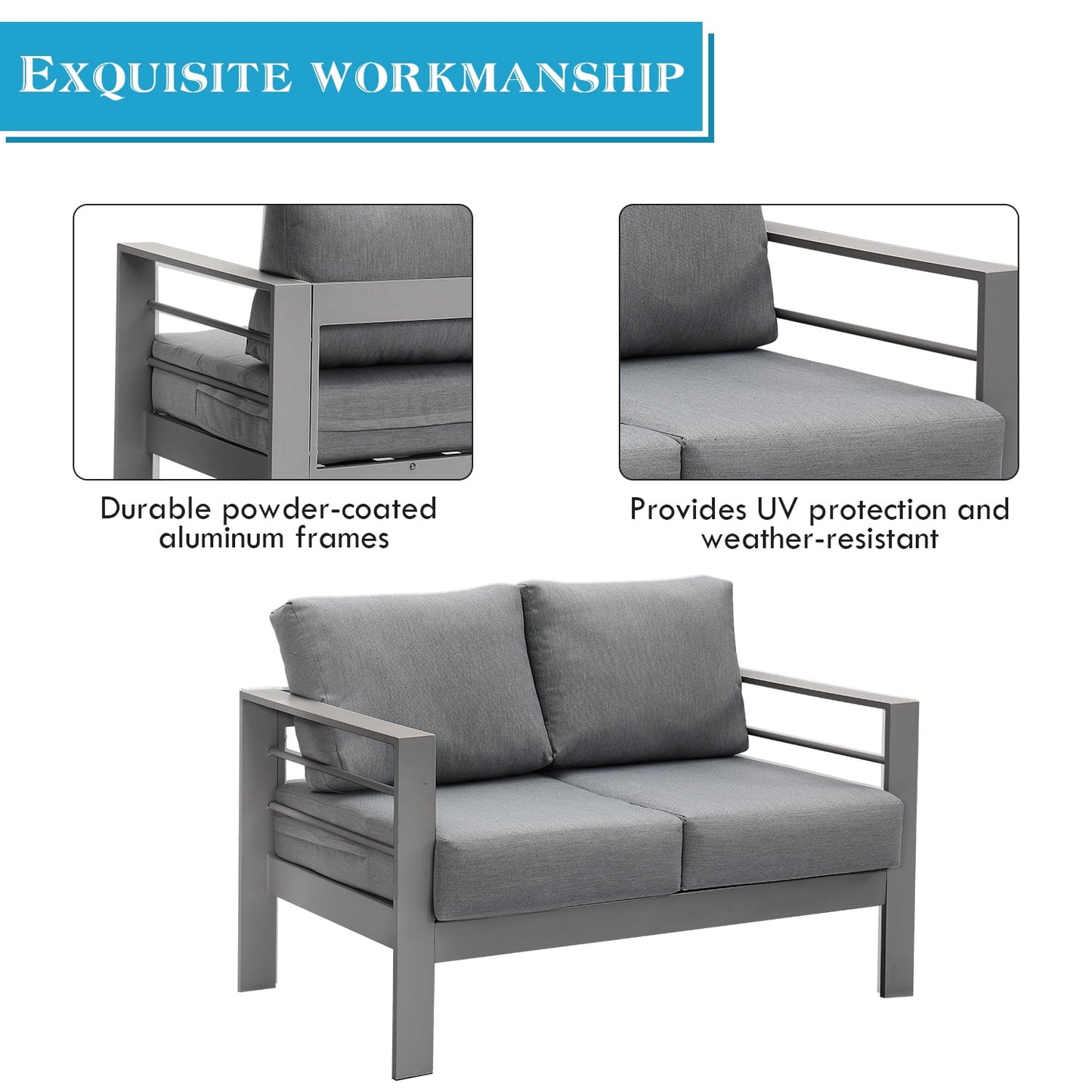 Superjoe Outdoor 2-Seat Patio Aluminum Loveseat Sofa Couch Furniture with Light Grey Cushions, Grey