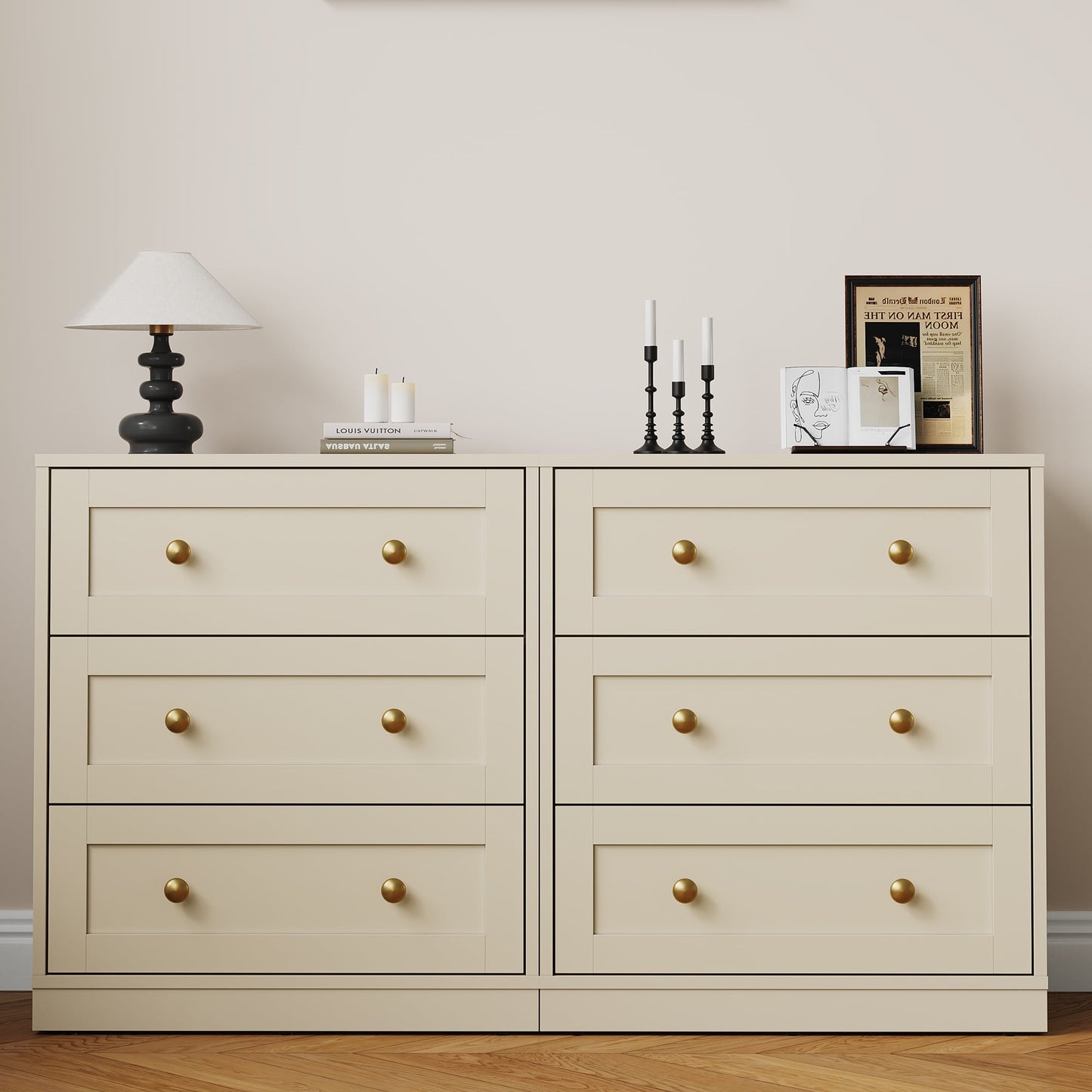 May in Color 3 Drawer Nightstand with Gold Knobs, Wood End Table, Beige