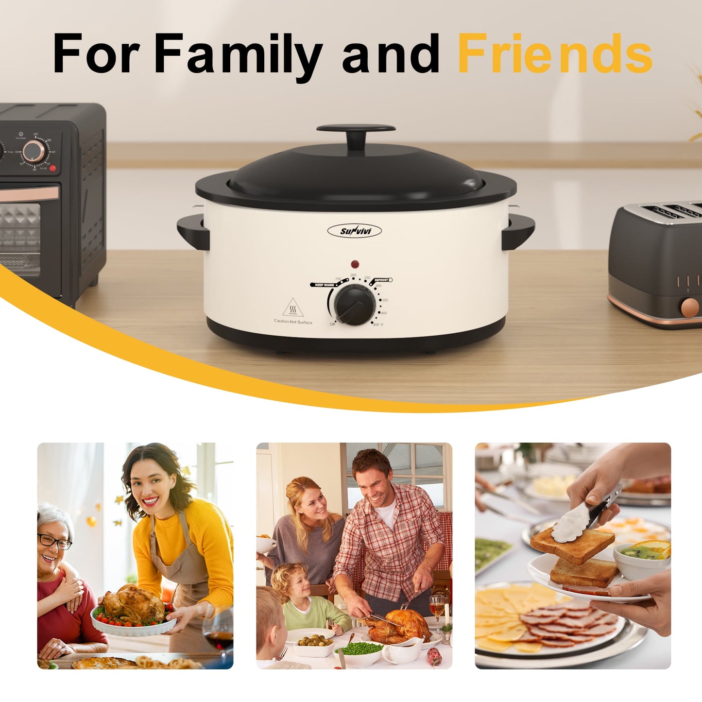 Sunvivi Roaster Oven with Self-Basting Lid, 8qt Electric Roaster with Removable Pan & Rack, Turkey Roaster Oven with Defrost & Warm Function, Stainless Steel, White