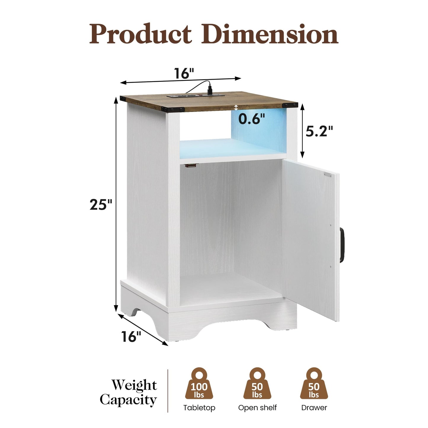 Superjoe LED Nightstand Set of 2 with Charging Station, Bedside Table with Storage Cabinet and Shelf, Rustic End Table, Farmhouse Wooden Side Table, for Bedroom, Living Room, White and Rustic Oak