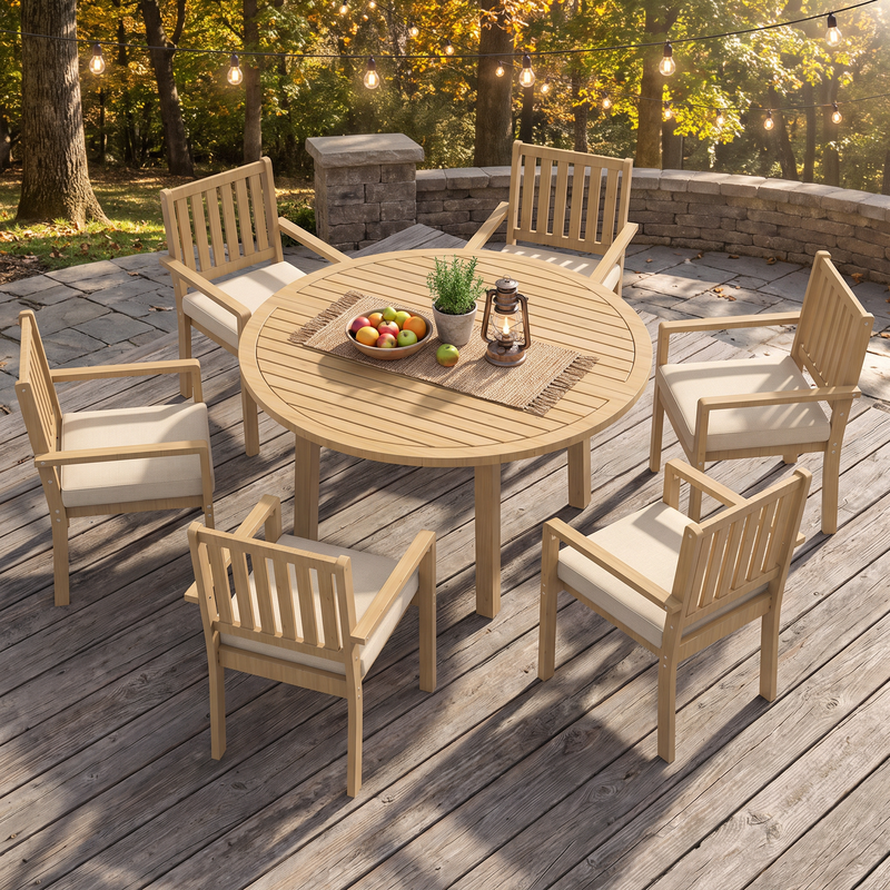 7-Piece Acacia Patio Table and Chairs Set for All-Weather, Outdoor Patio Dining Set with Umbrella Hole and Removable Cushion for 6, Durable Patio Table and Chairs Set for Backyard£¬Heynemo