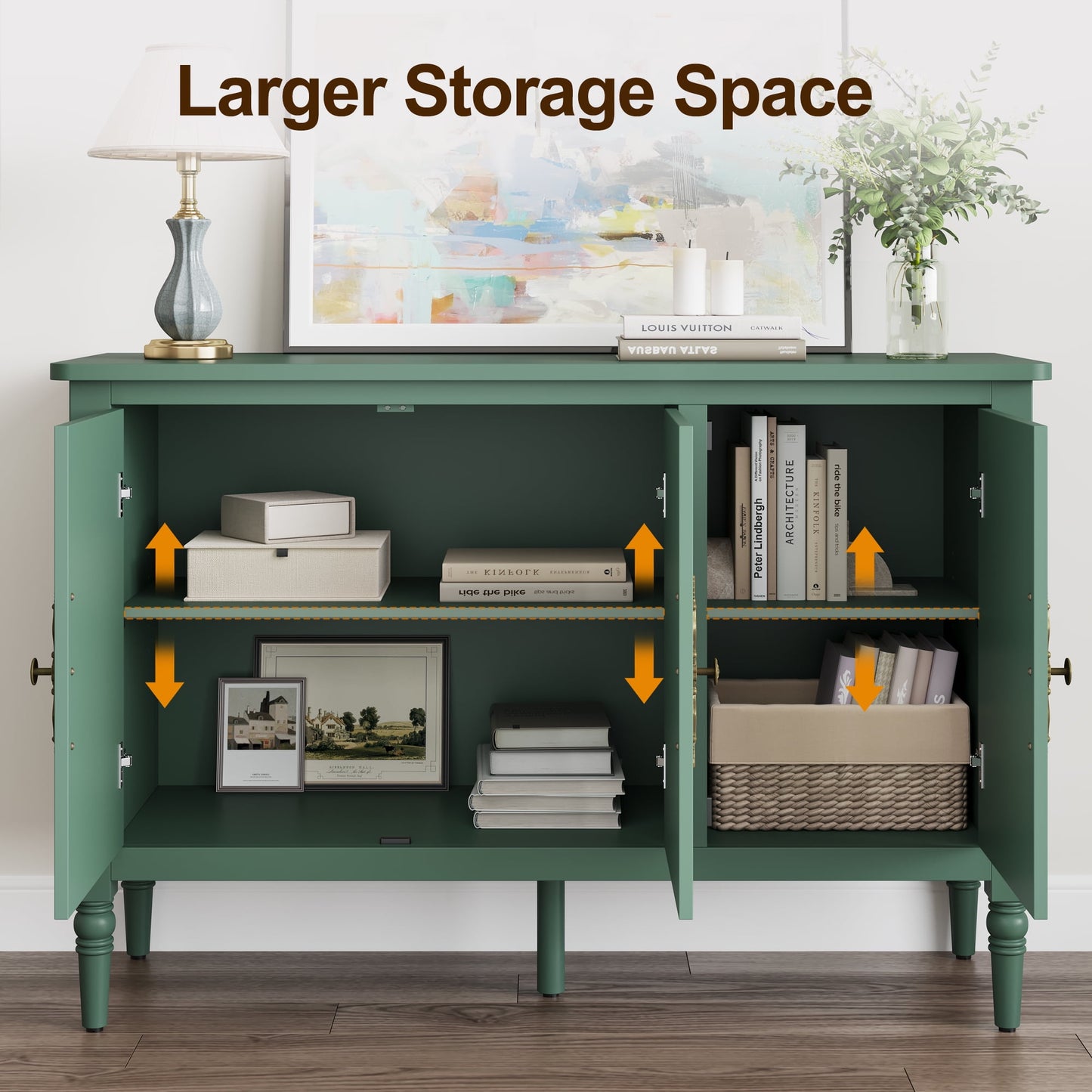 Heynemo 3-Door Storage Cabinet with Adjustable Shelves, Accent Sideboard Cabinet with Turned Legs, Wood Pantry Cabinet, Mid-Century Buffet Cabinet for Entryway, Living Room, Dining Room, Green