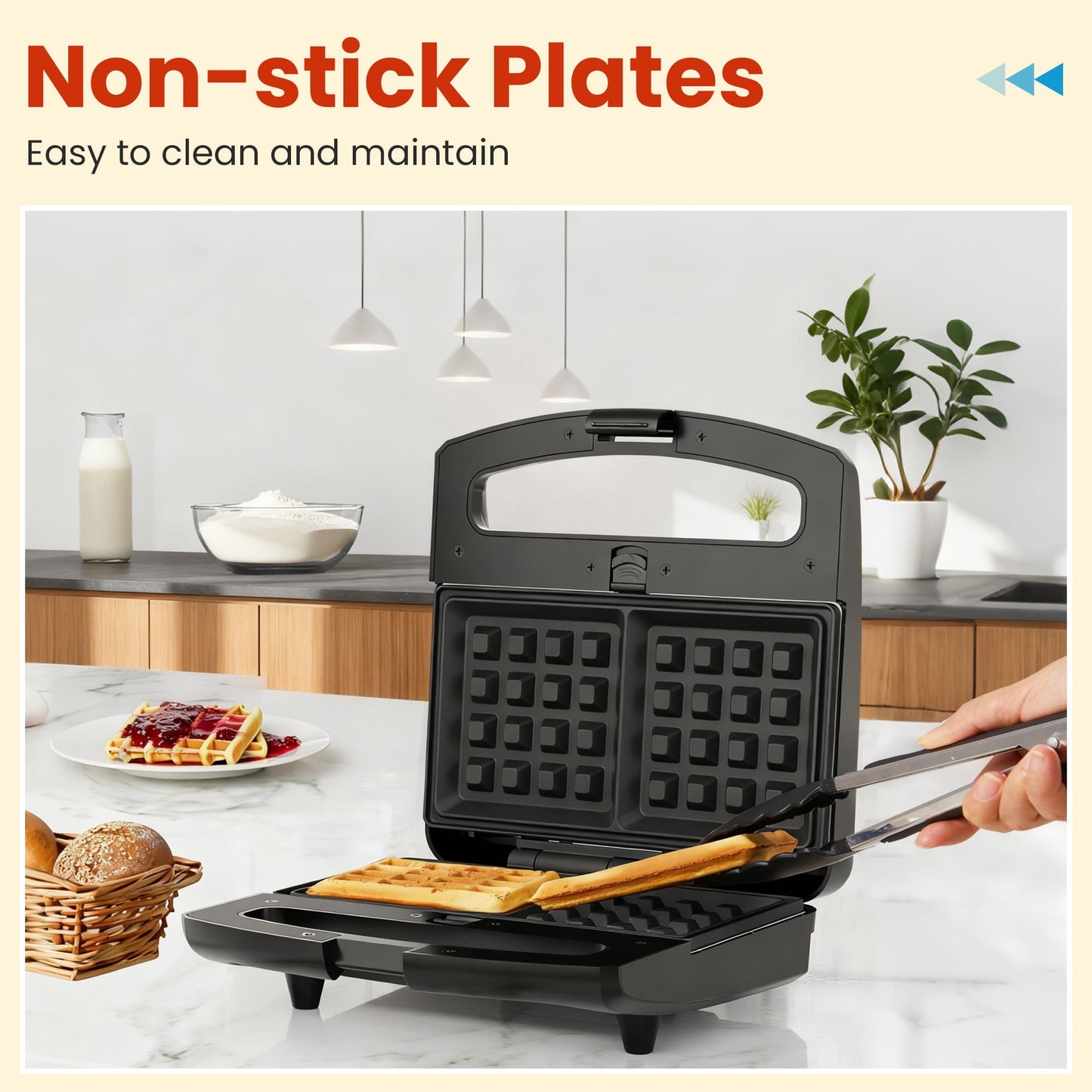 Sunvivi 3-in-1 Electric Sandwich Maker & Waffle Grill, 800W Panini Press with Non-Stick Removable Plates & Tempered Glass Top, Cool Touch Handle, Black