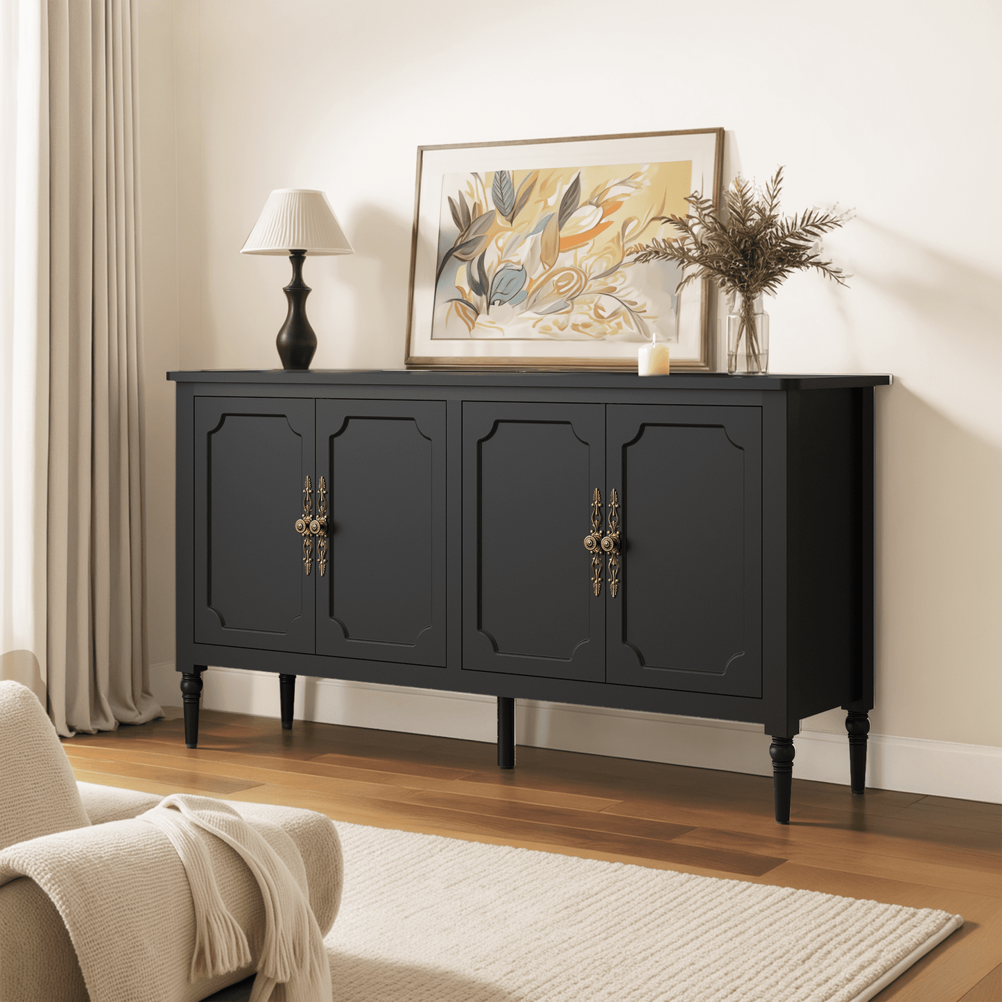 Superjoe Console Cabinet, 58'' Mid Century Modern Pantry Cabinet, Wood Buffet Cabinet, Media Cabinet with 4 Doors, Accent Cabinet for Entryway, Living Room, Bedroom, Dining Room (Black)
