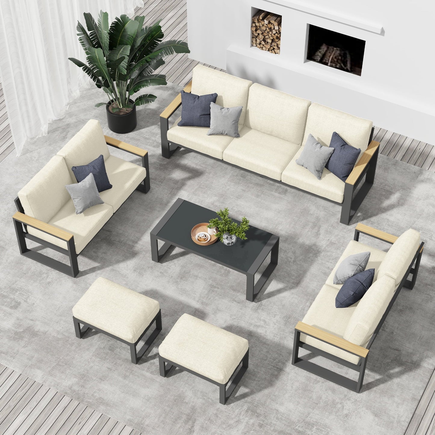 RoyalCraft 2 Pieces Aluminum Outdoor Patio Ottoman Set, Outdoor Foot Stools with Thick Cushion, Small Seat Furniture for Porch Balcony Backyard, Beige