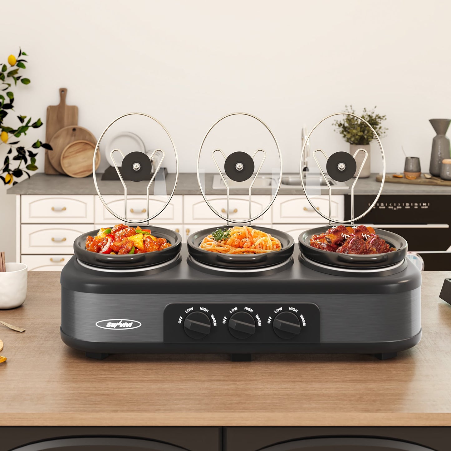 Sunvivi Triple Slow Cooker with 3 Spoons, 3 Pot 1.5 Quart Oval Crock Food Warmer Buffet Server, Stainless Steel, Gray
