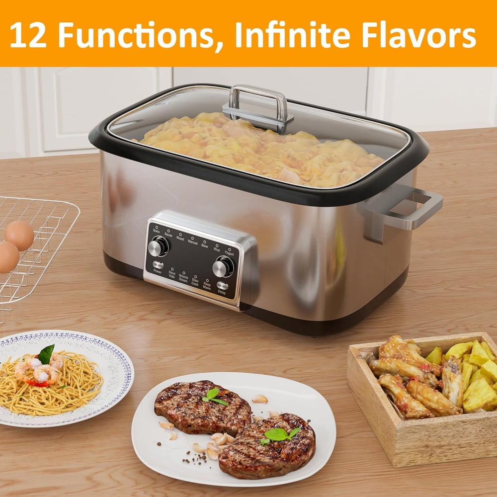8 Quart 12-IN-1 Multi Cooker, Digital Programmable Slow Cooker with LED Display & Timer, 1250W Rice Cooker with Nonstick Inner Pot for Bake, Saute, Roast, Stew, Sous Vide, Dishwasher Safe, Silver