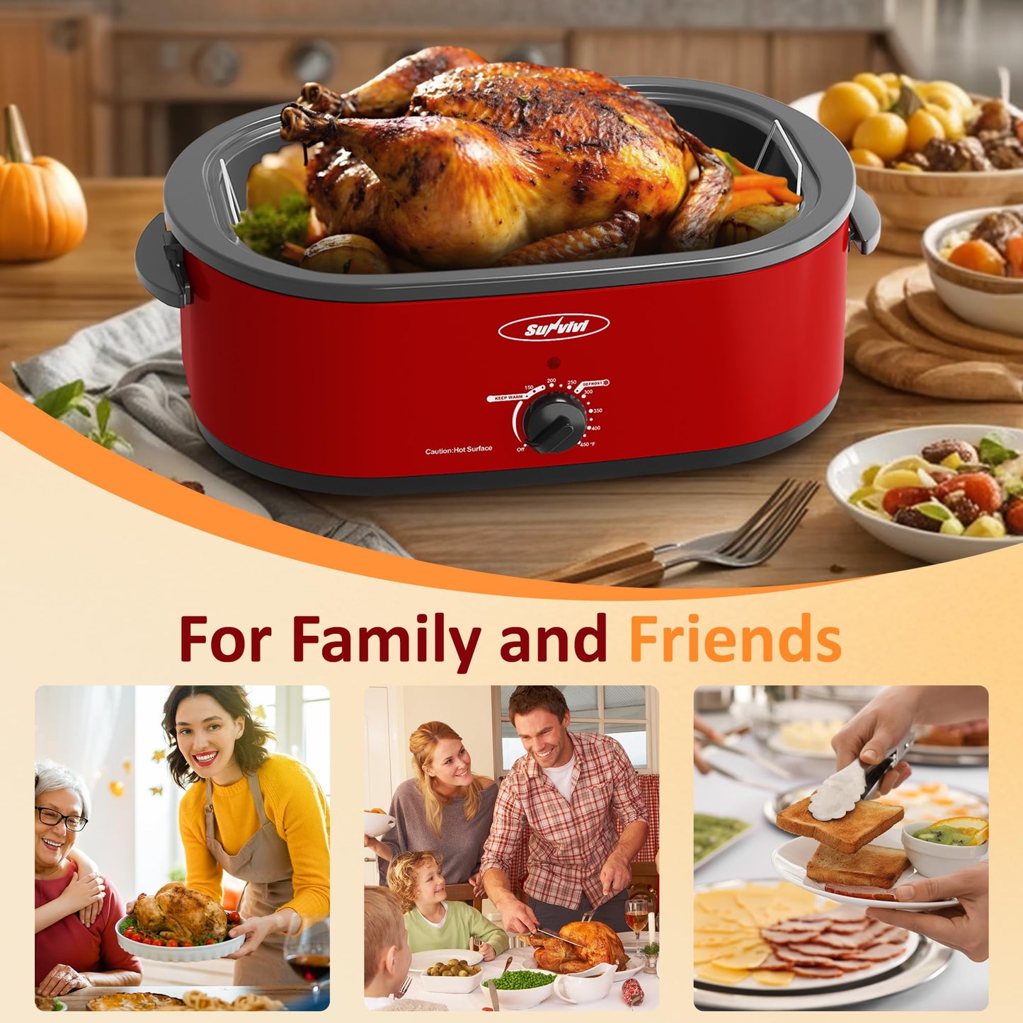 Sunvivi 20 Quart Electric Roaster Oven Turkey Roaster with Lid Electric Roasters with Removable Pan Large Roaster,Self-Basting Lid,Fast Heating & Thaw/Warming Setting,Red