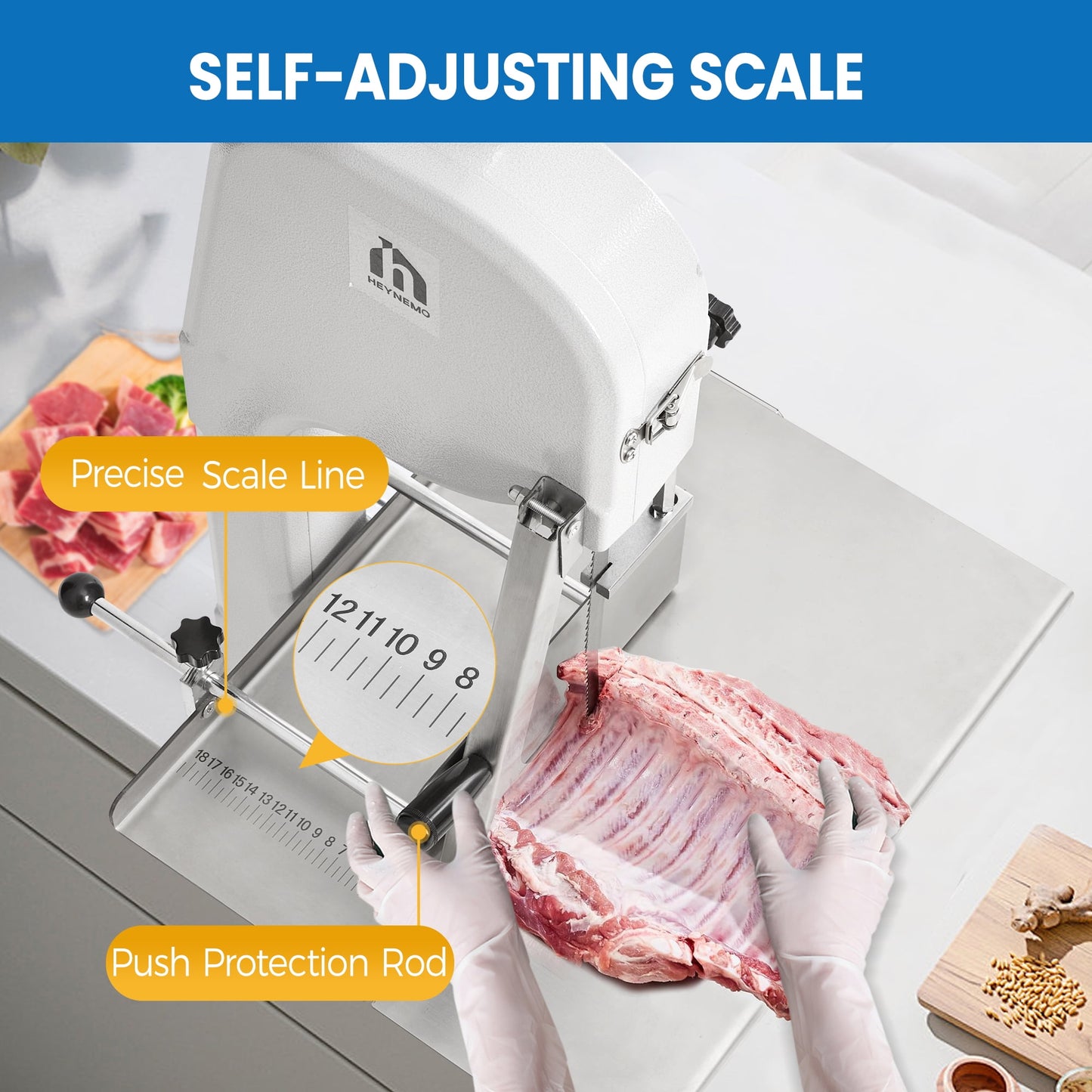 Heynemo Electric Bone Saw, 1500W Meat Cutting Bandsaw with 0.16-7.9" Thickness Range, 5 Blades for Beef, Pork, Fish