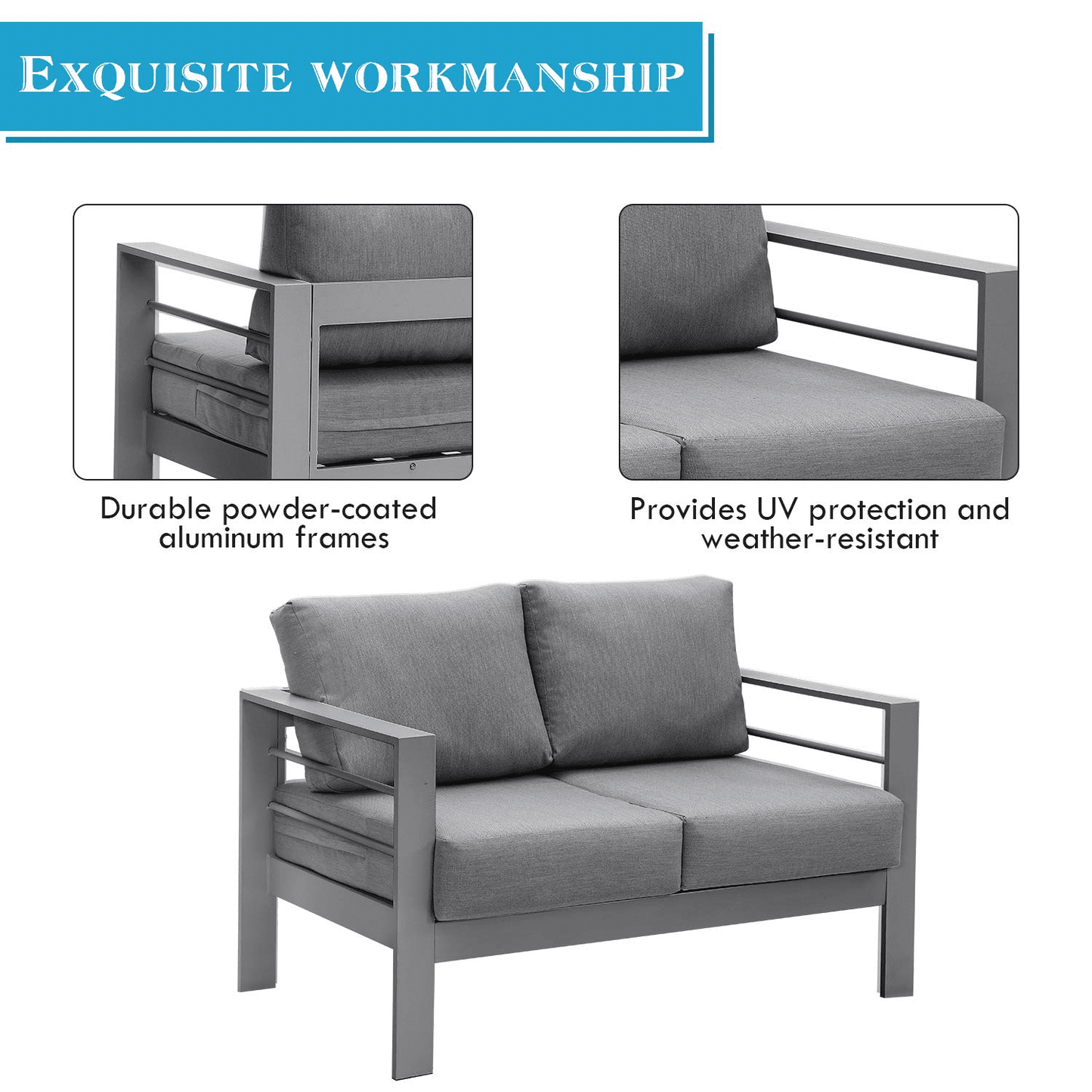 Heynemo 4 Pcs Outdoor Furniture Sofa Set Aluminum Patio Conversation Set With Coffee Table and 5 Inches Cushions, Gray