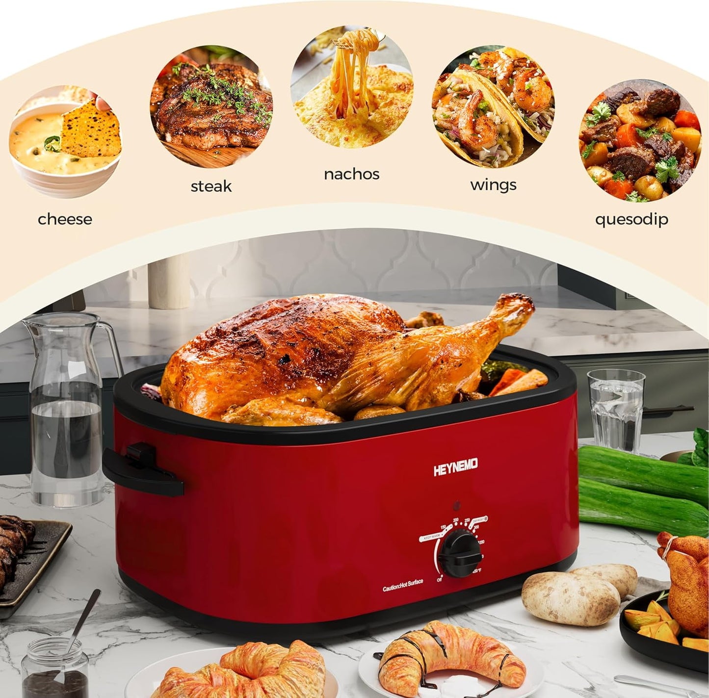 Superjoe 22QT Electric Roaster Oven, with Self-Basting Lid, Stainless Steel Roaster Pan, Red