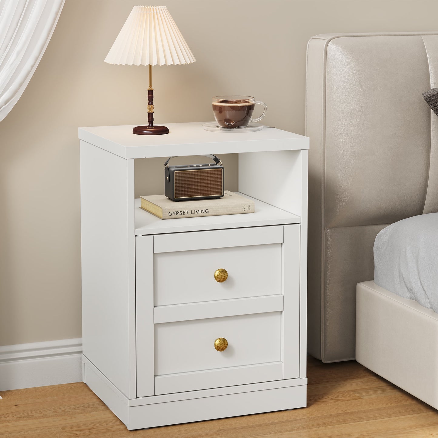 Heynemo white Nightstand with Storage Shelf & Door, Faux Drawer Design End Table, Compact Side Table for Bedrooms, Dorm Rooms & Small Spaces, Set of 2