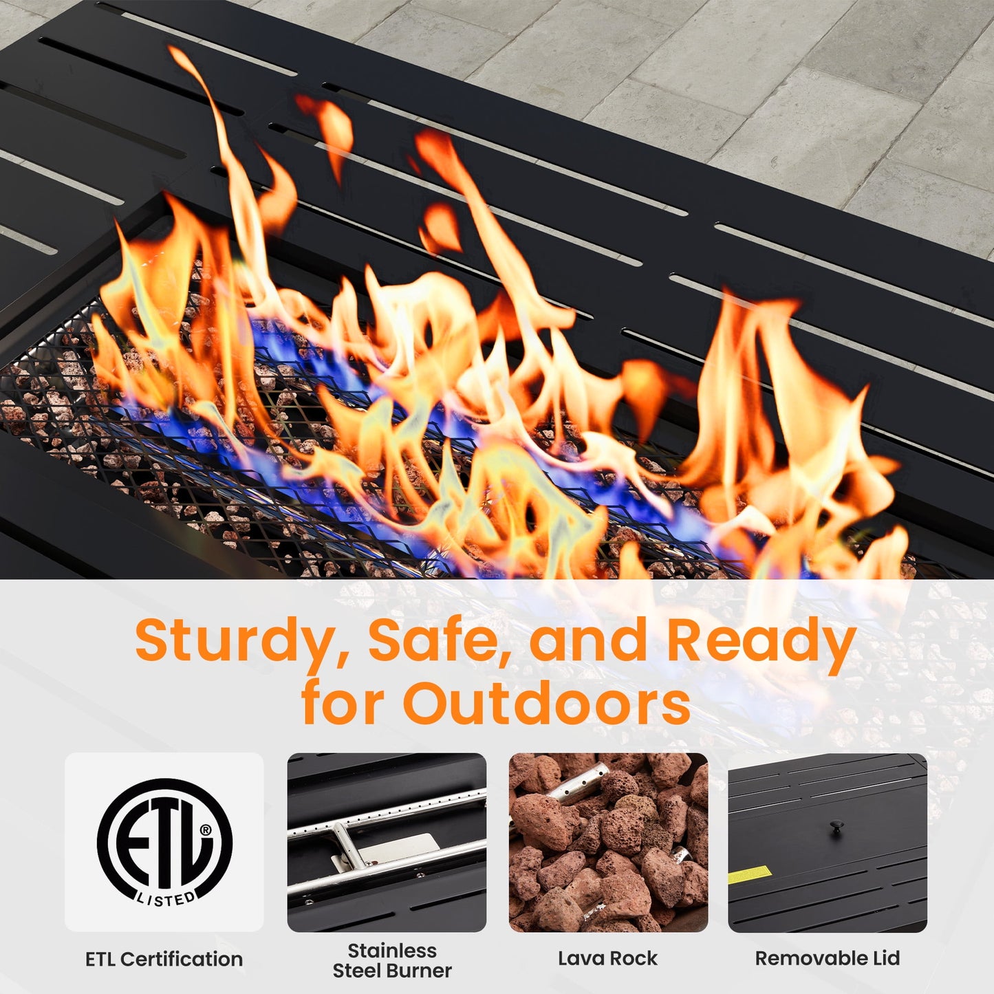 Heynemo 43" Outdoor Propane Fire Pit Table with Waterproof Cover, 2-in-1 50,000 BTU Gas Fire Table with Lid & Decorative Lava Rocks