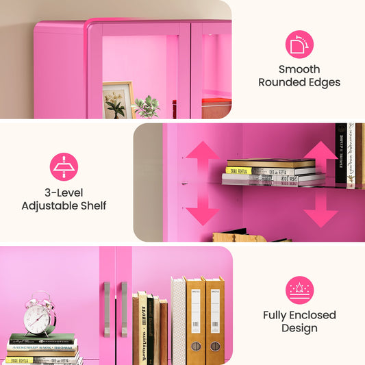 Heynemo 64'' Tall Display Cabinet with Acrylic Doors and LED Lights, Pink