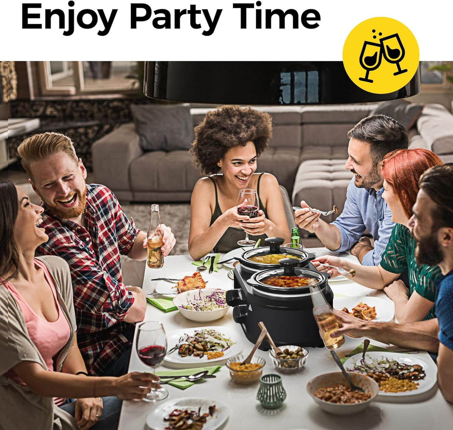 Sunvivi Double Slow Cooker Mini Buffet Server - Dual 2.5QT Pots, Stainless Steel, Black