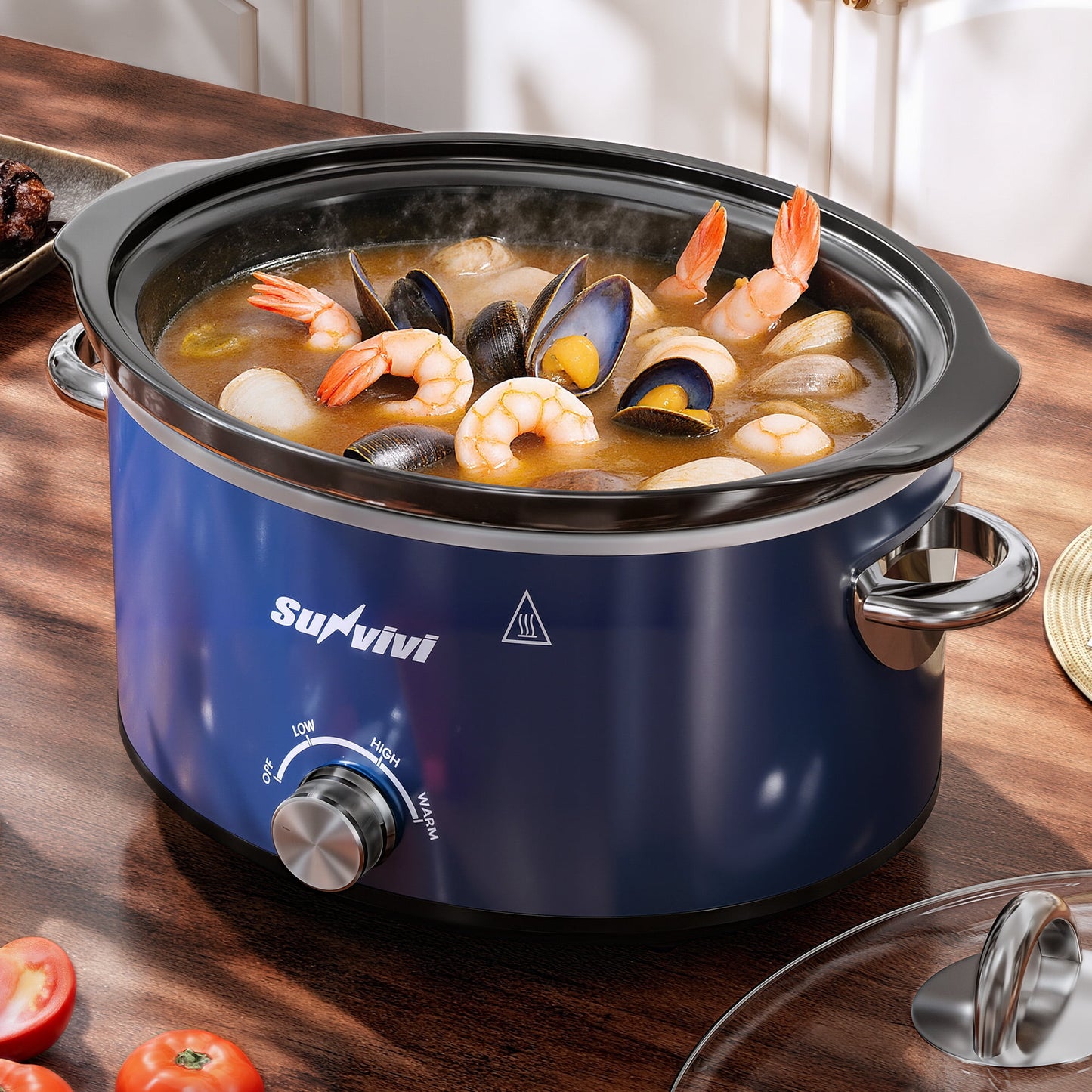 Heynemo 4QT Compact Slow Cooker & Food Warmer with 3 Temperature Settings, Removable Ceramic Pot, Dishwasher-Safe Glass Lid, Stainless Steel - Blue