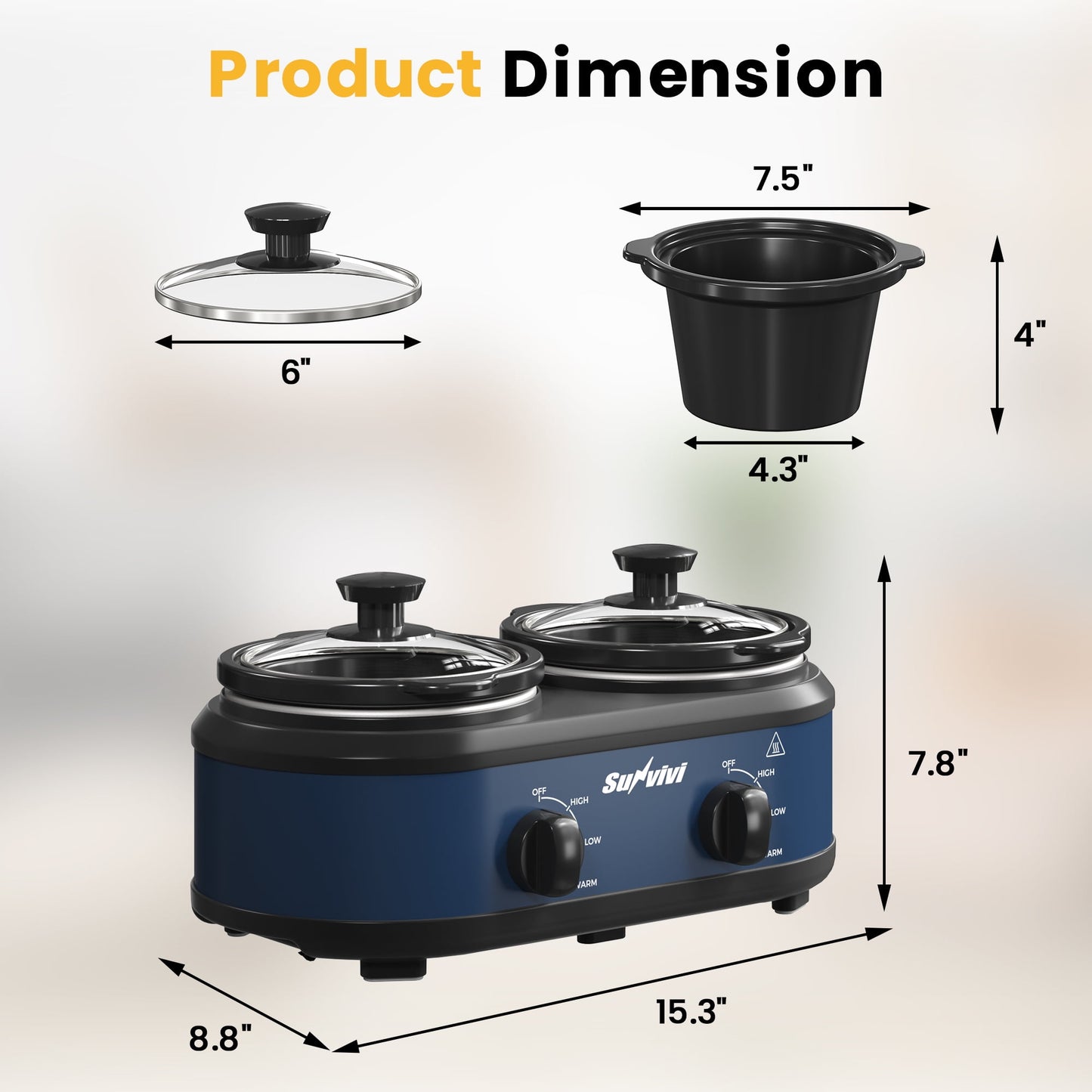 Blue Dual Slow Cooker with 2 Removable Ceramic Pots, 3Adjustable Temp & Visible Glass Lids, Buffet Server & Warmer, 2 x 1.25 QT, Blue, Dishwasher Safe
